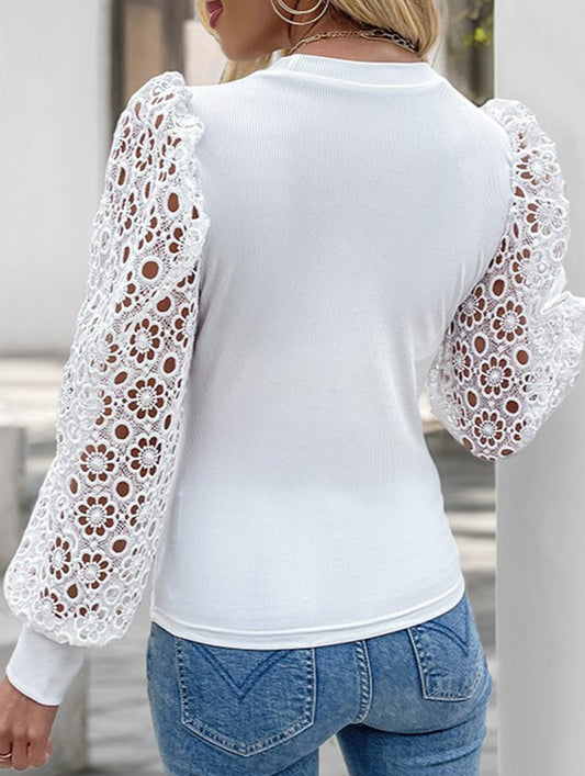 Casual Retro Lace Stitching White Long-Sleeve T-Shirt