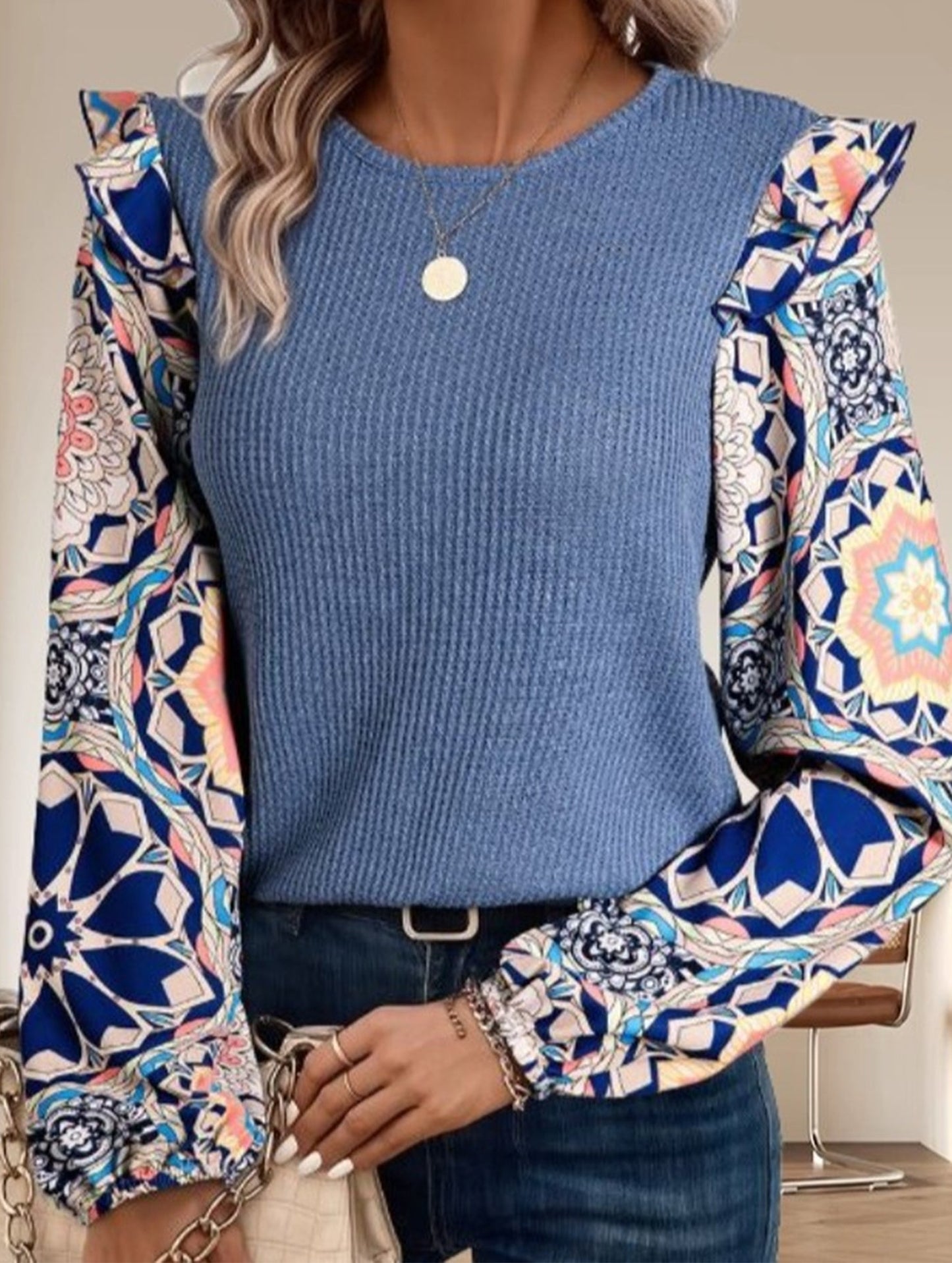 Bohemian Ruffled Floral Sleeves Panelled Knit Pullover Top