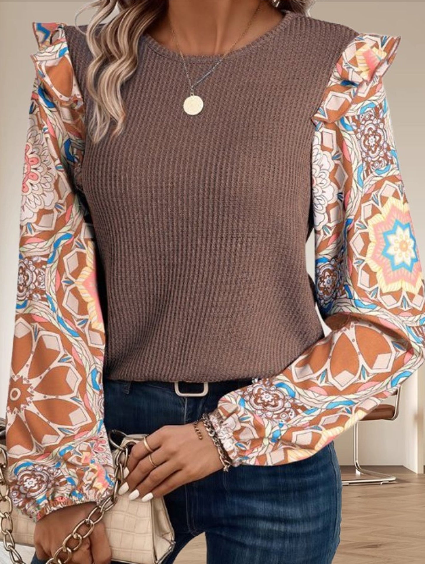 Bohemian Ruffled Floral Sleeves Panelled Knit Pullover Top