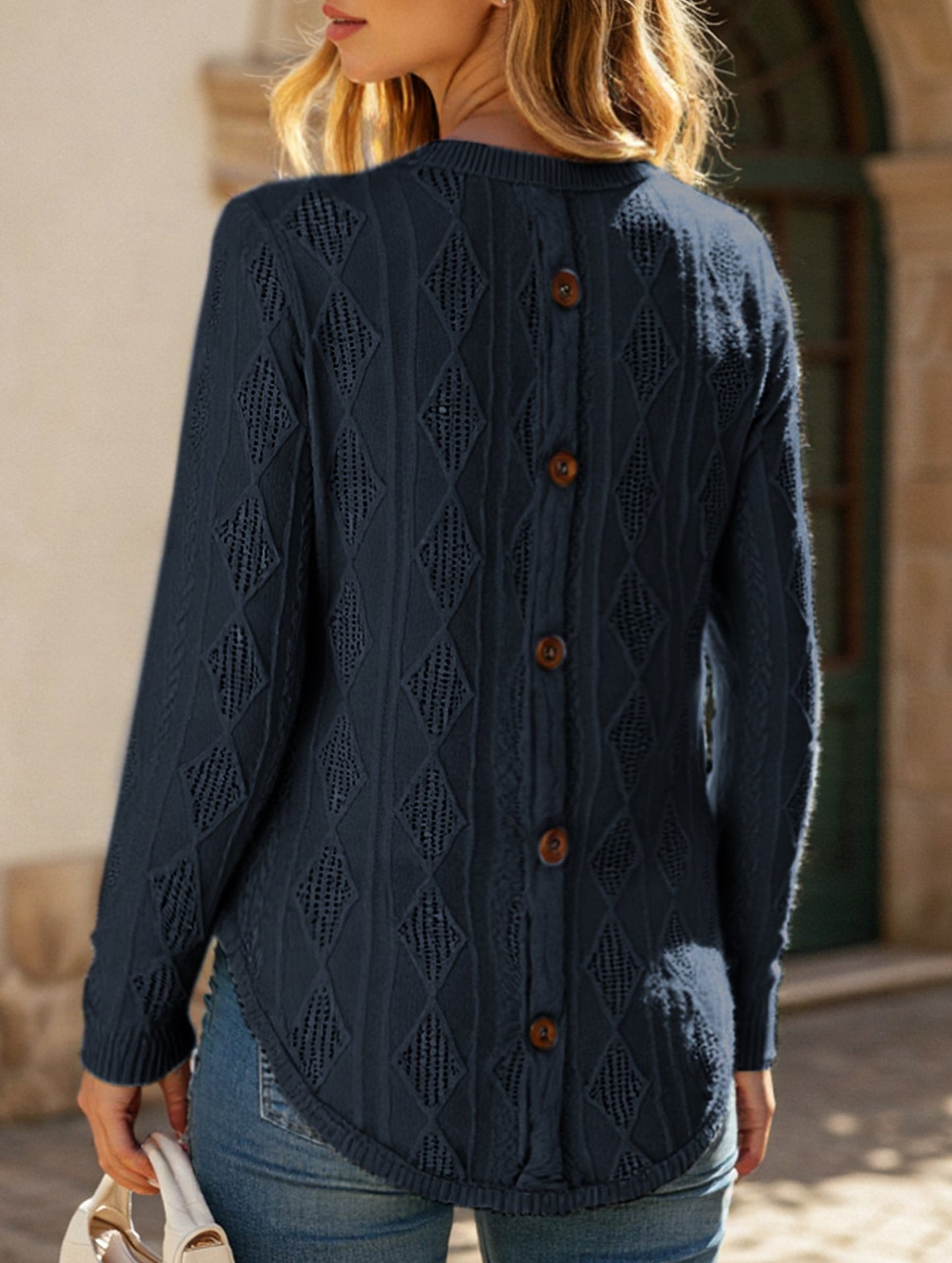 Casual Curved Hem Back Button Hollow T-Shirt