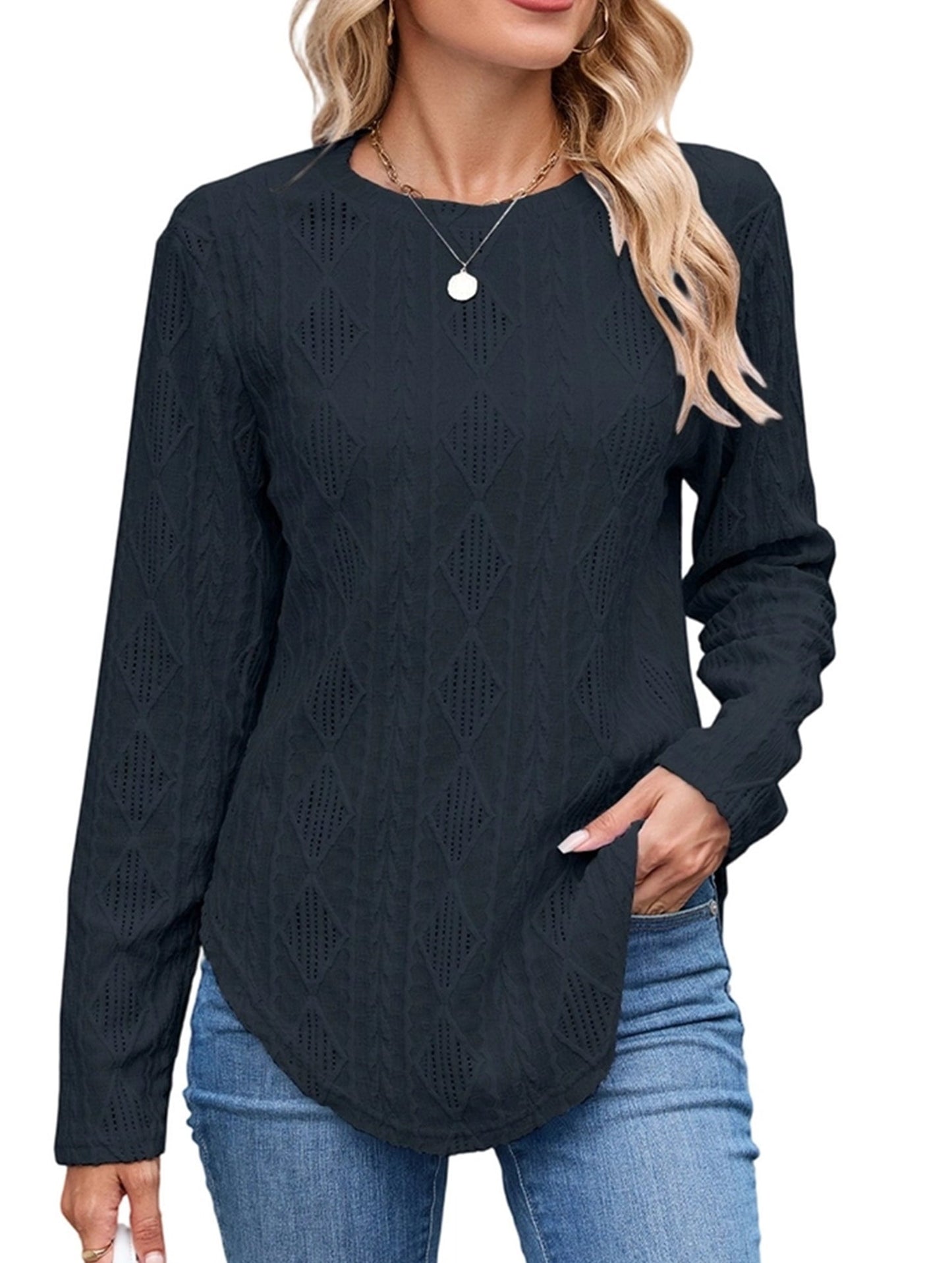 Casual Curved Hem Back Button Hollow T-Shirt