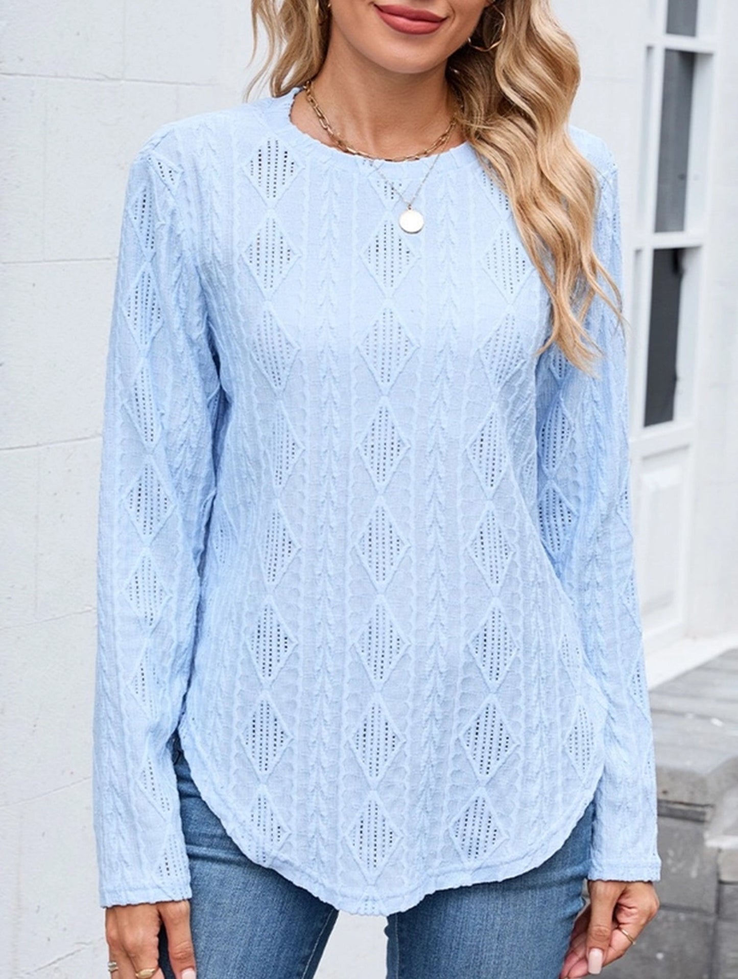 Casual Curved Hem Back Button Hollow T-Shirt