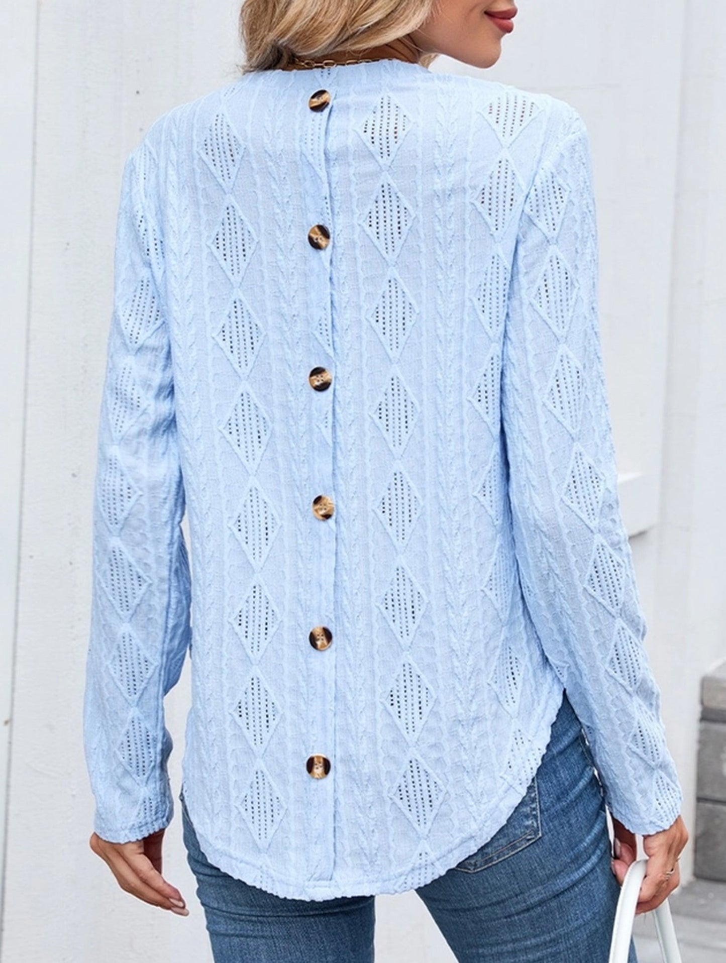 Casual Curved Hem Back Button Hollow T-Shirt