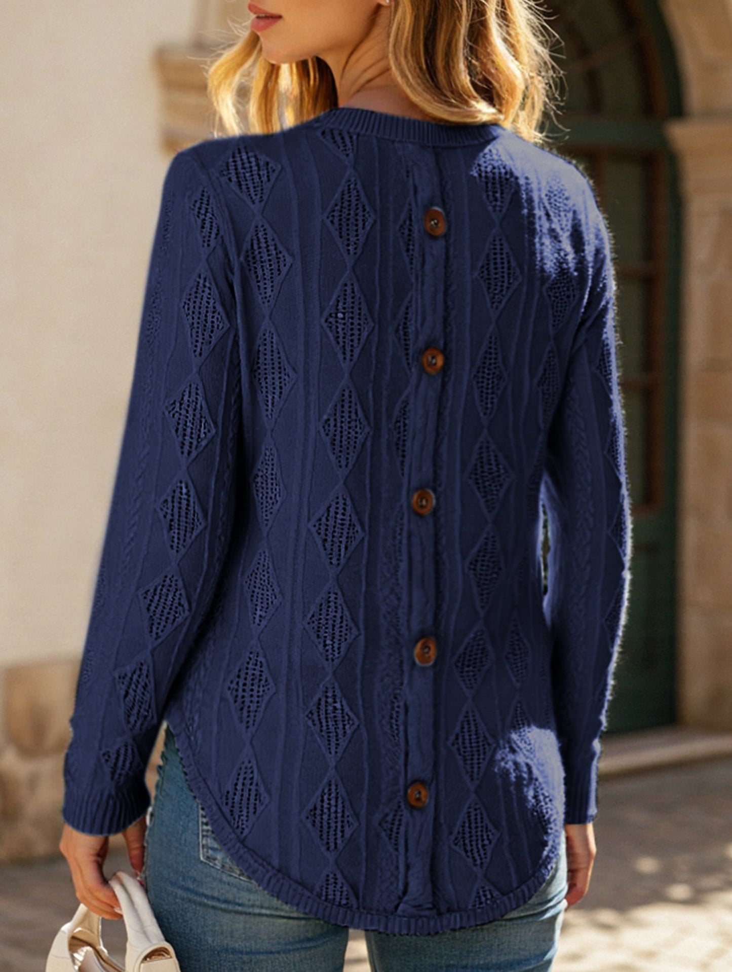 Casual Curved Hem Back Button Hollow T-Shirt