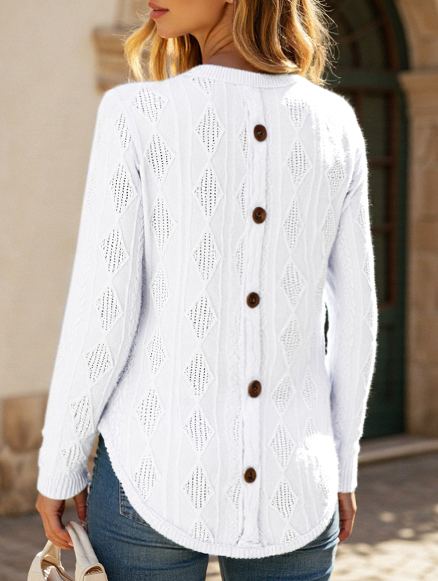 Casual Curved Hem Back Button Hollow T-Shirt