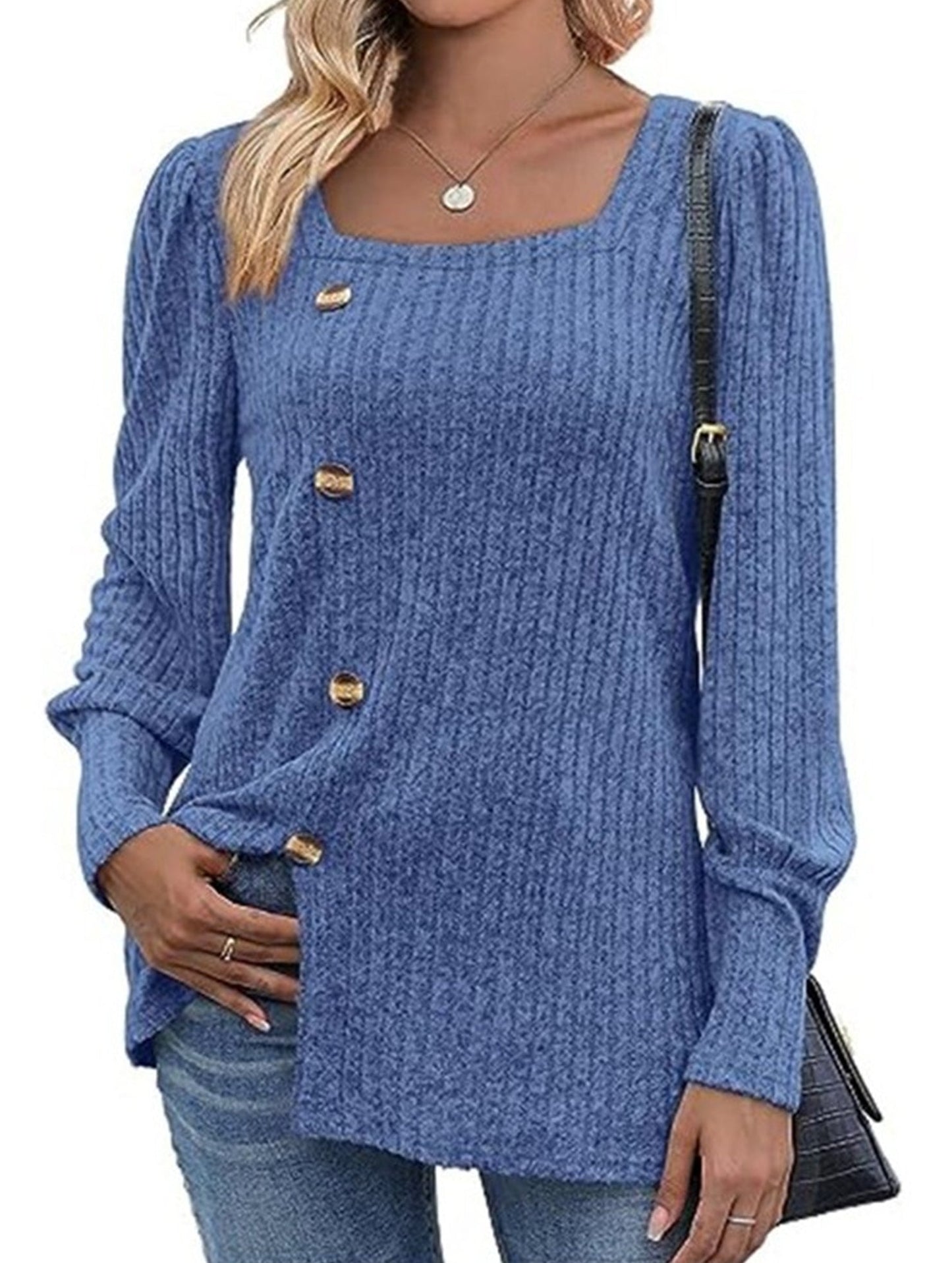 Ribbed Square Neck Long Sleeve Slit Sweater T-Shirt
