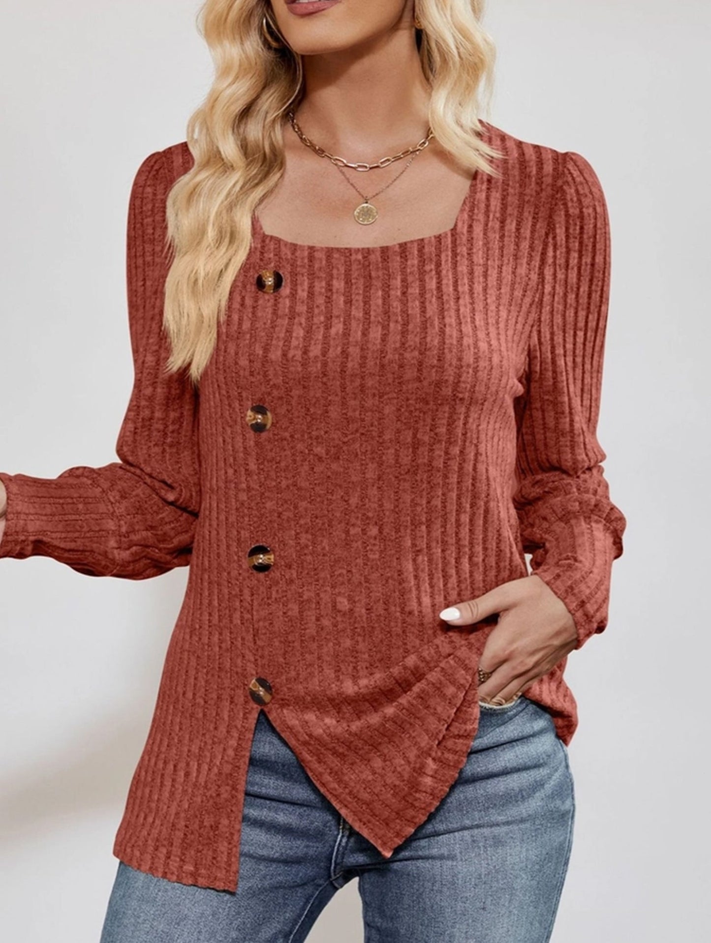 Ribbed Square Neck Long Sleeve Slit Sweater T-Shirt