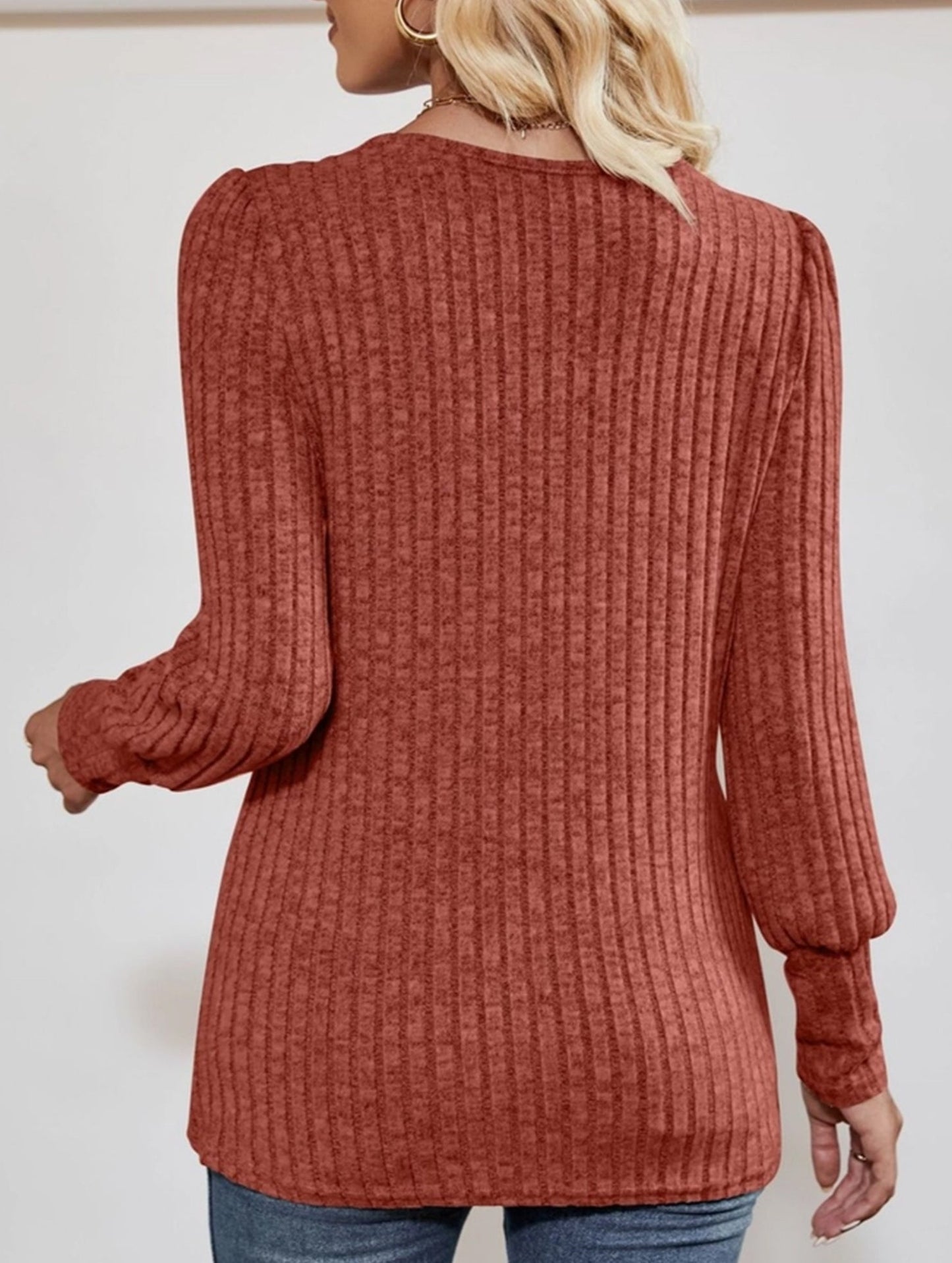 Ribbed Square Neck Long Sleeve Slit Sweater T-Shirt