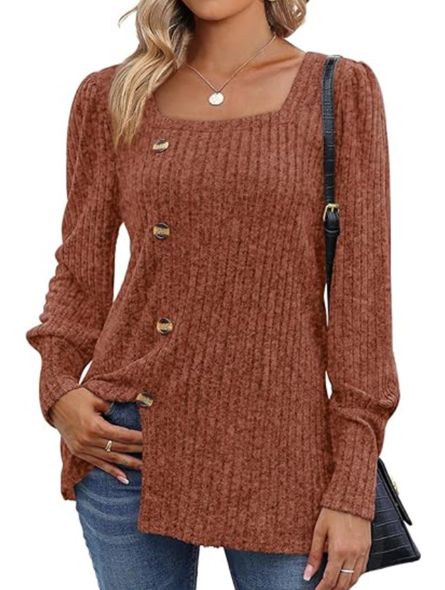 Ribbed Square Neck Long Sleeve Slit Sweater T-Shirt