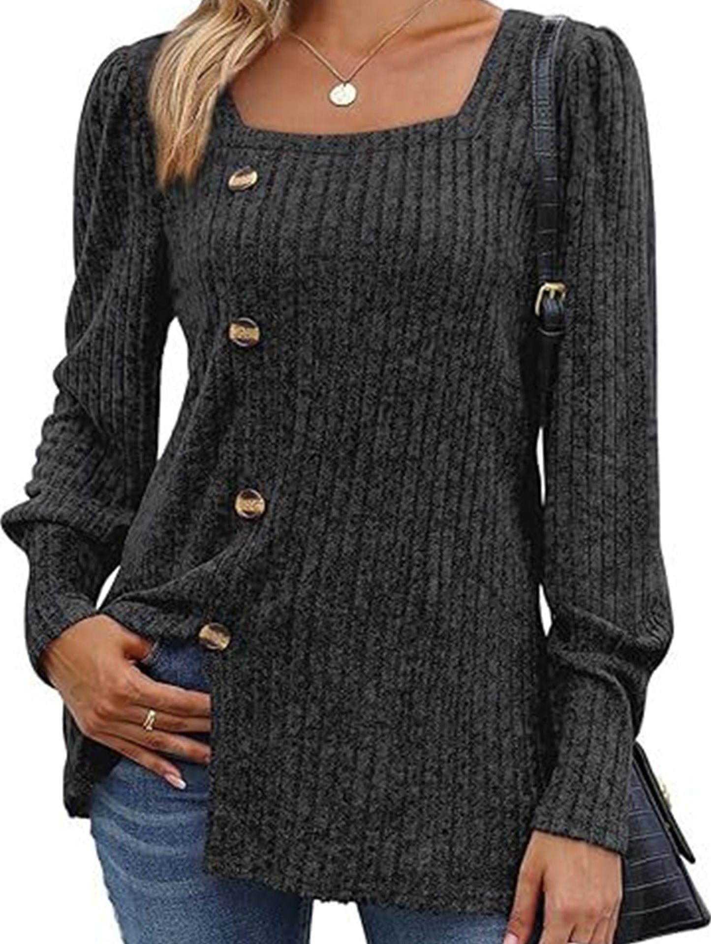 Ribbed Square Neck Long Sleeve Slit Sweater T-Shirt