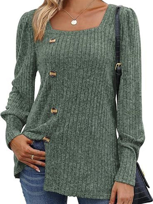 Ribbed Square Neck Long Sleeve Slit Sweater T-Shirt