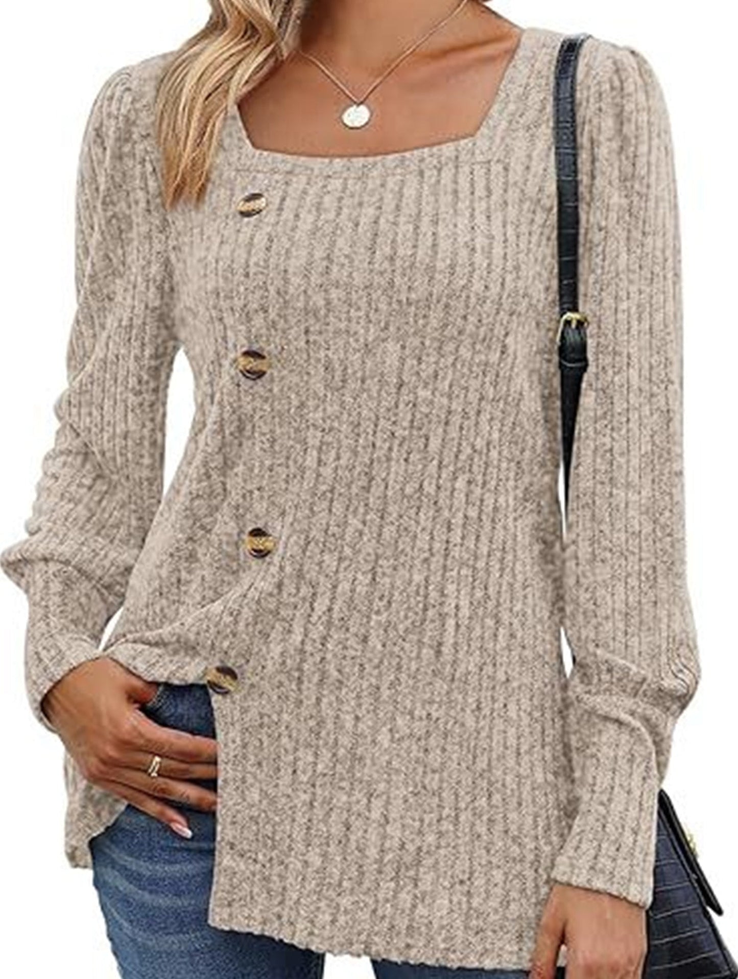 Ribbed Square Neck Long Sleeve Slit Sweater T-Shirt