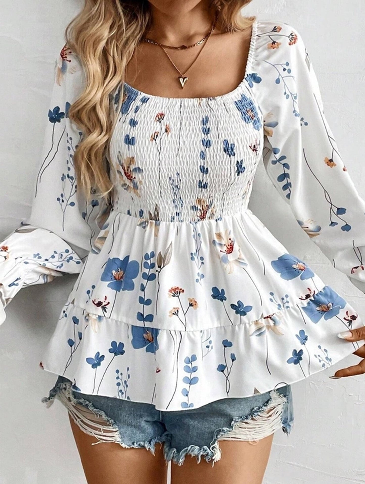 Elegant Floral Print Long-Sleeve T-Shirt