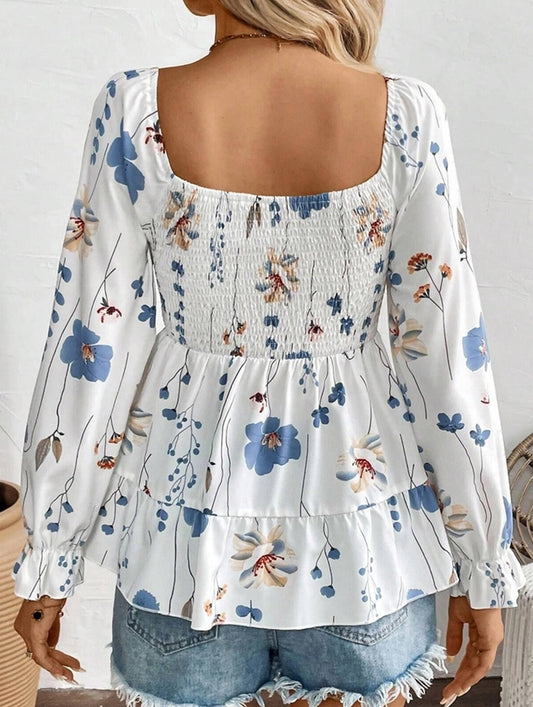 Elegant Floral Print Long-Sleeve T-Shirt