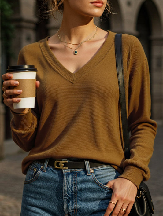 Casual Waffle V-Neck Solid Color Long-Sleeve T-Shirt