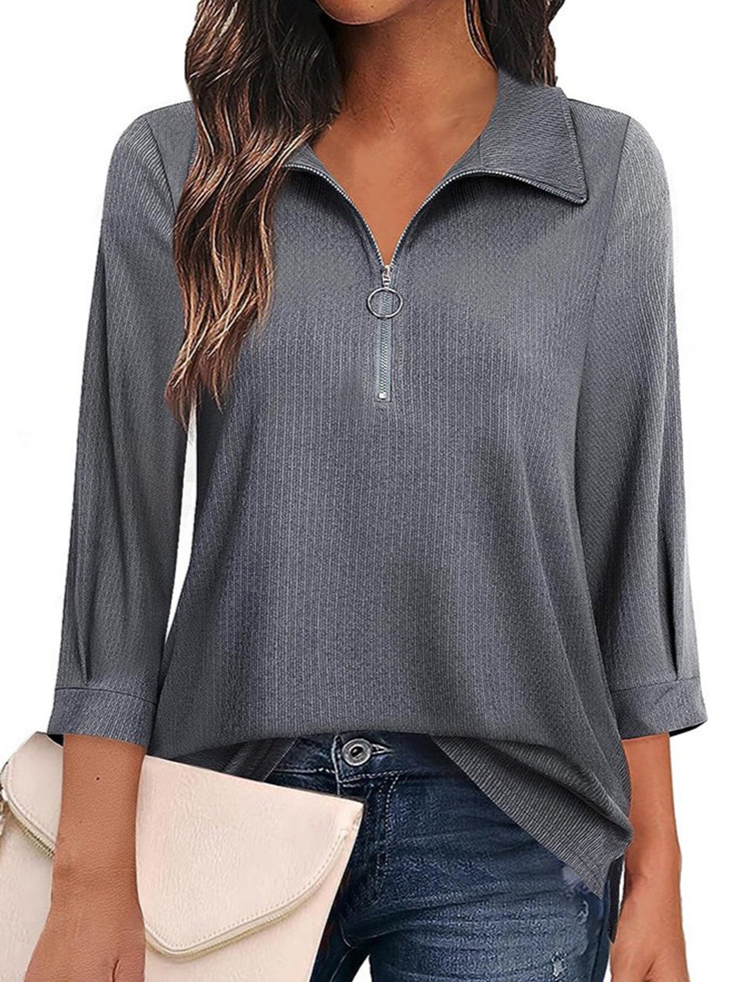 Solid Color Front Zipper Three-Quarter Sleeve T-Shirt