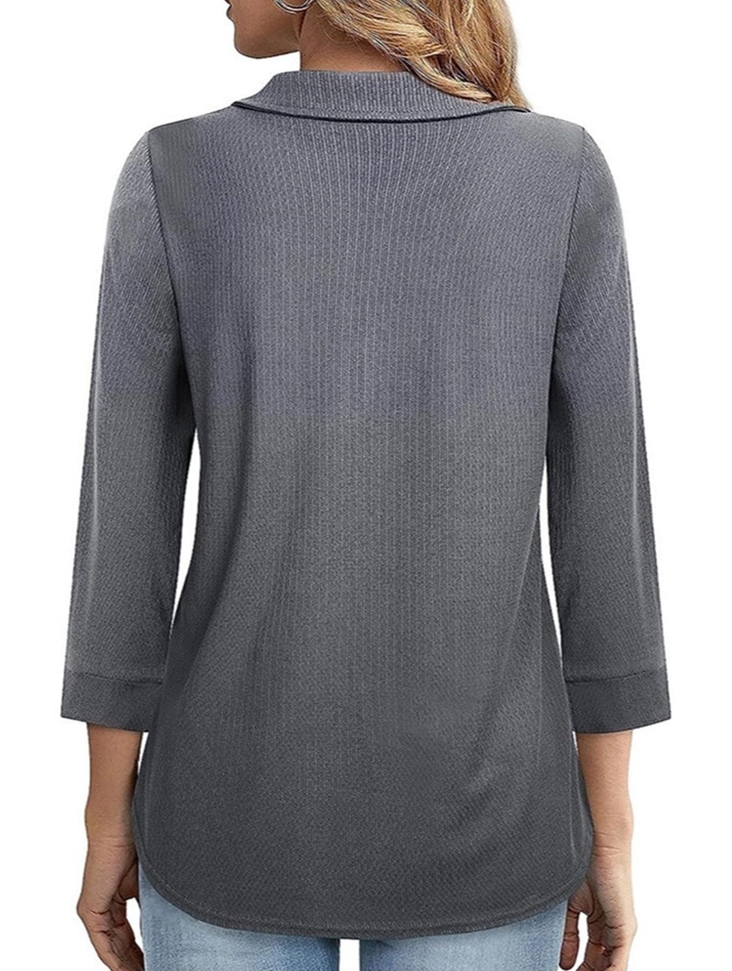 Solid Color Front Zipper Three-Quarter Sleeve T-Shirt