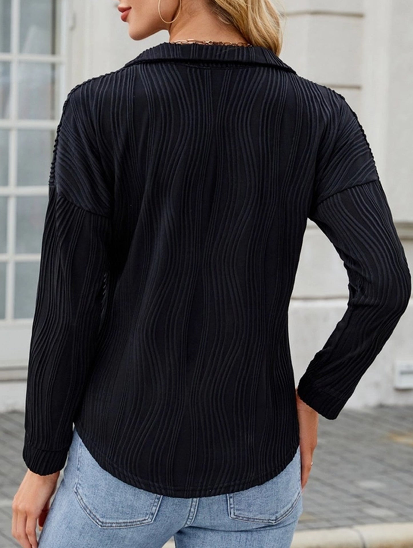 Fashion Lapel Solid Color Wave Texture Long-Sleeve T-Shirt