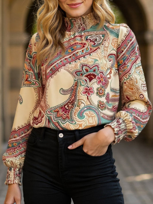 Retro Bohemian Print Turtleneck Long Sleeve Top