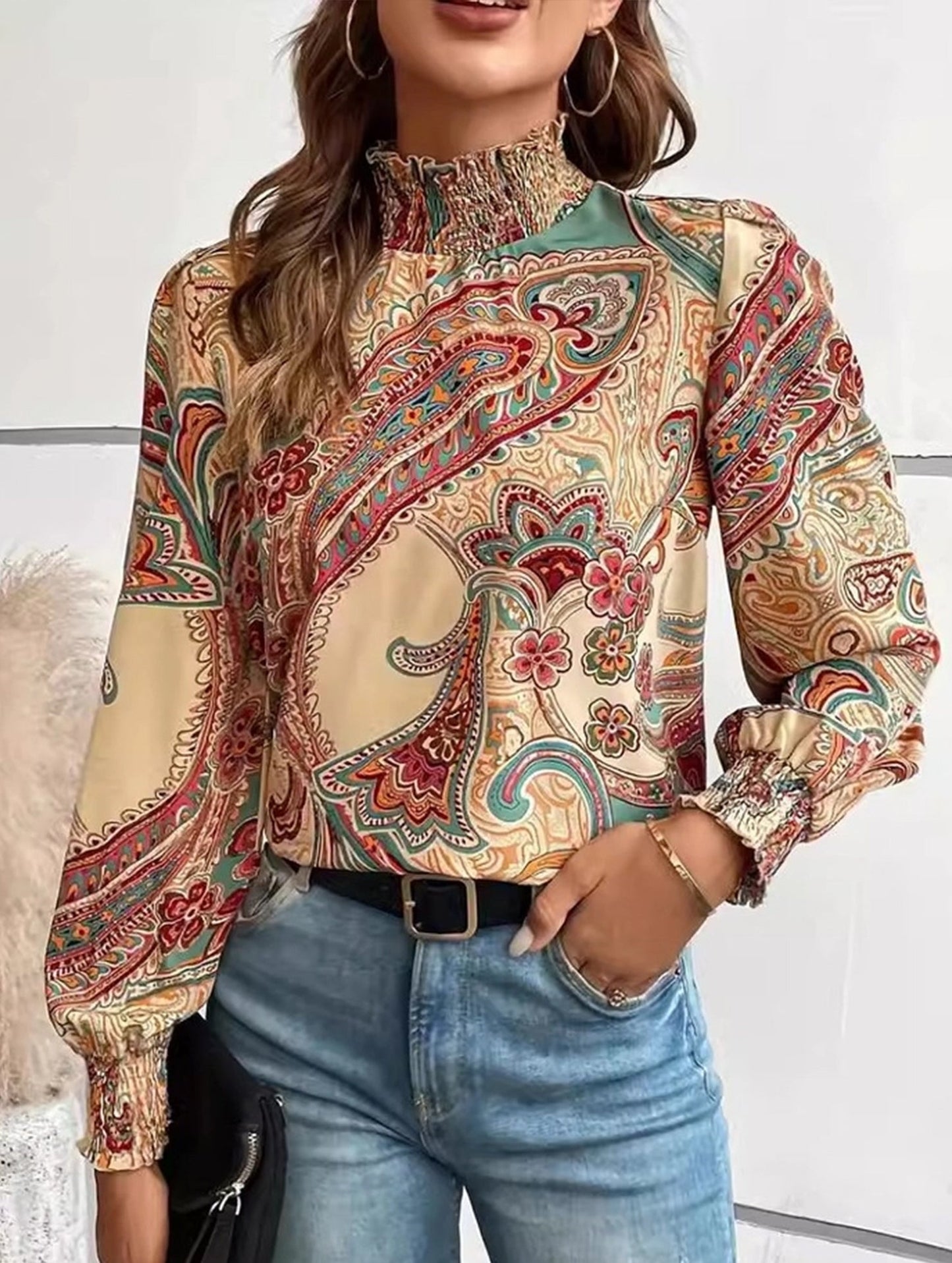 Retro Bohemian Print Turtleneck Long Sleeve Top