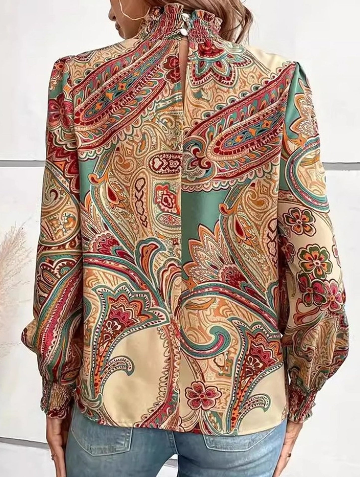 Retro Bohemian Print Turtleneck Long Sleeve Top