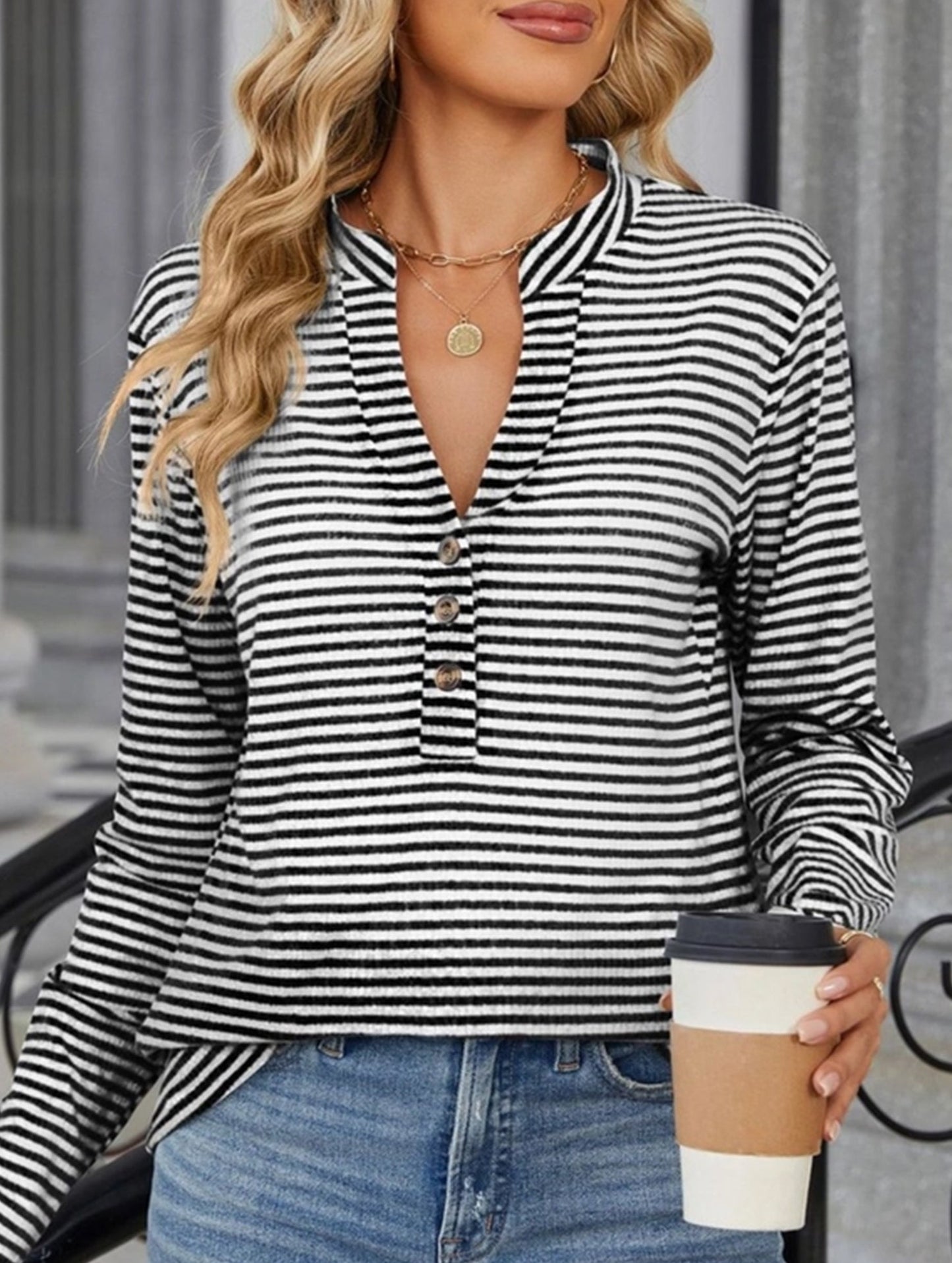 V-Neck Buttoned Striped Long-Sleeved Casual Top