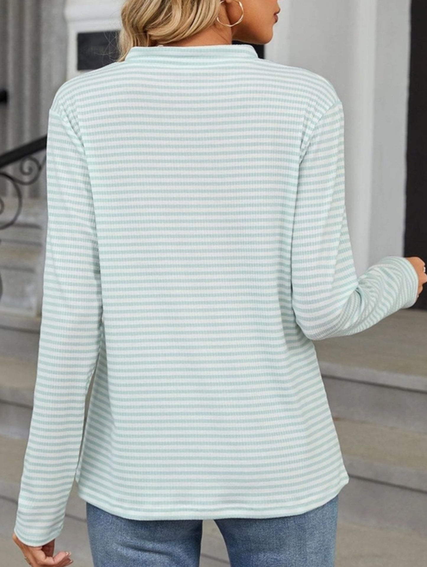 V-Neck Buttoned Striped Long-Sleeved Casual Top