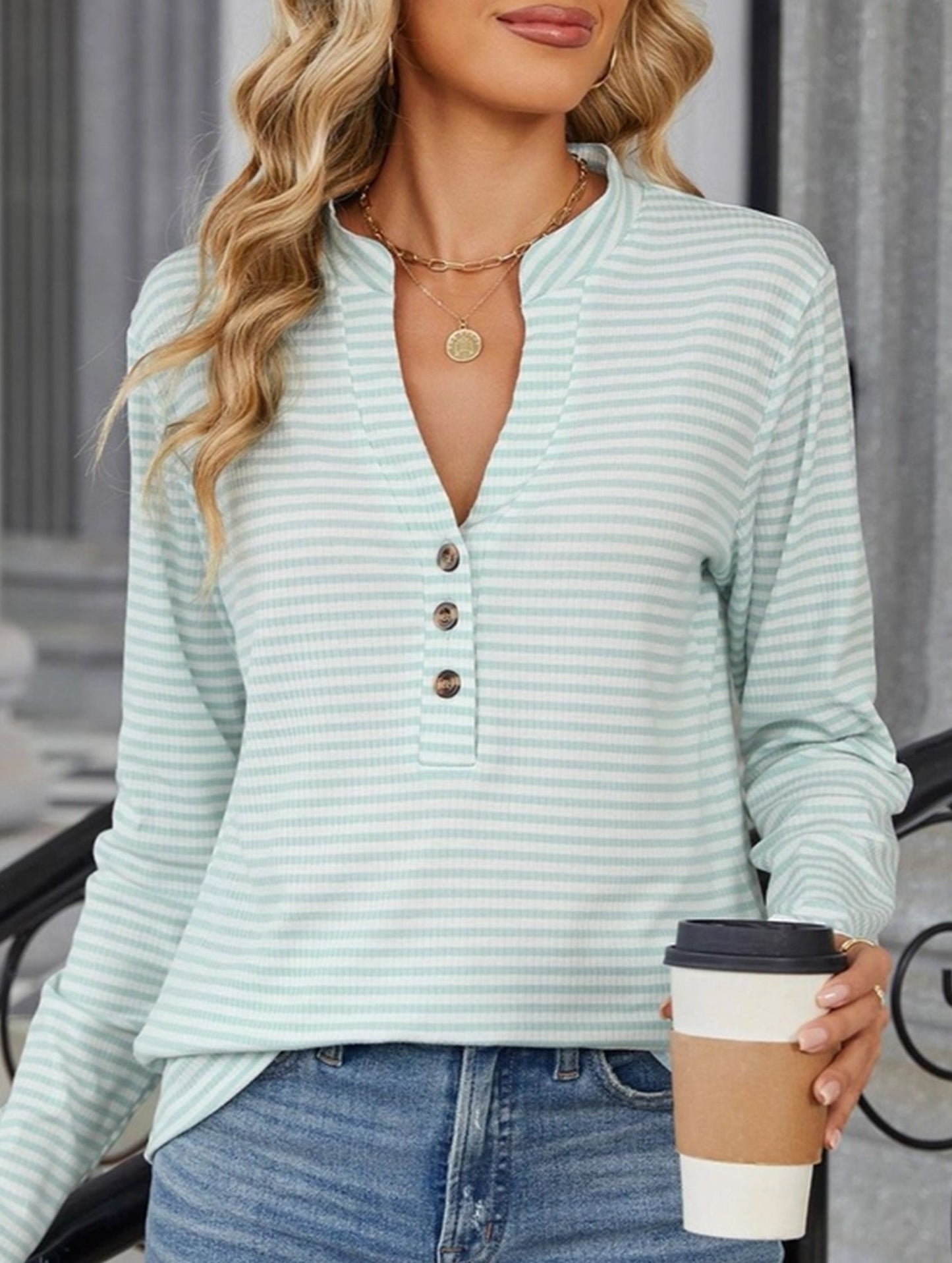 V-Neck Buttoned Striped Long-Sleeved Casual Top