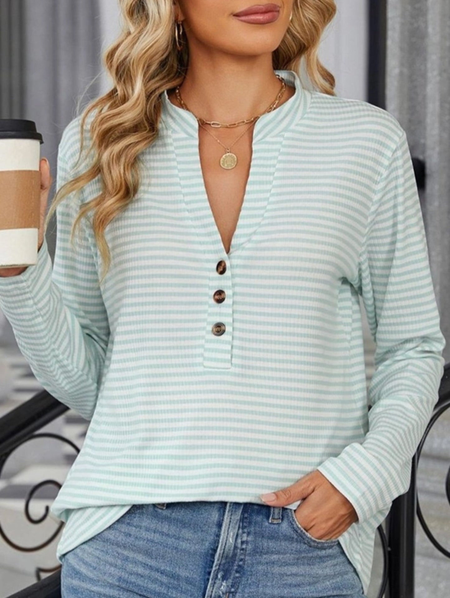 V-Neck Buttoned Striped Long-Sleeved Casual Top