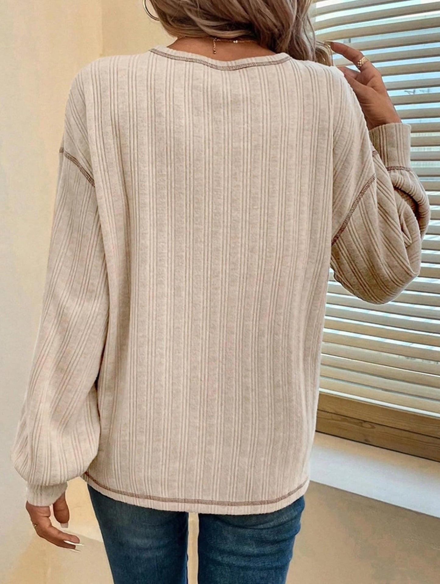 Pitted Strip Brushed Crewneck Pocket Casual Shirt