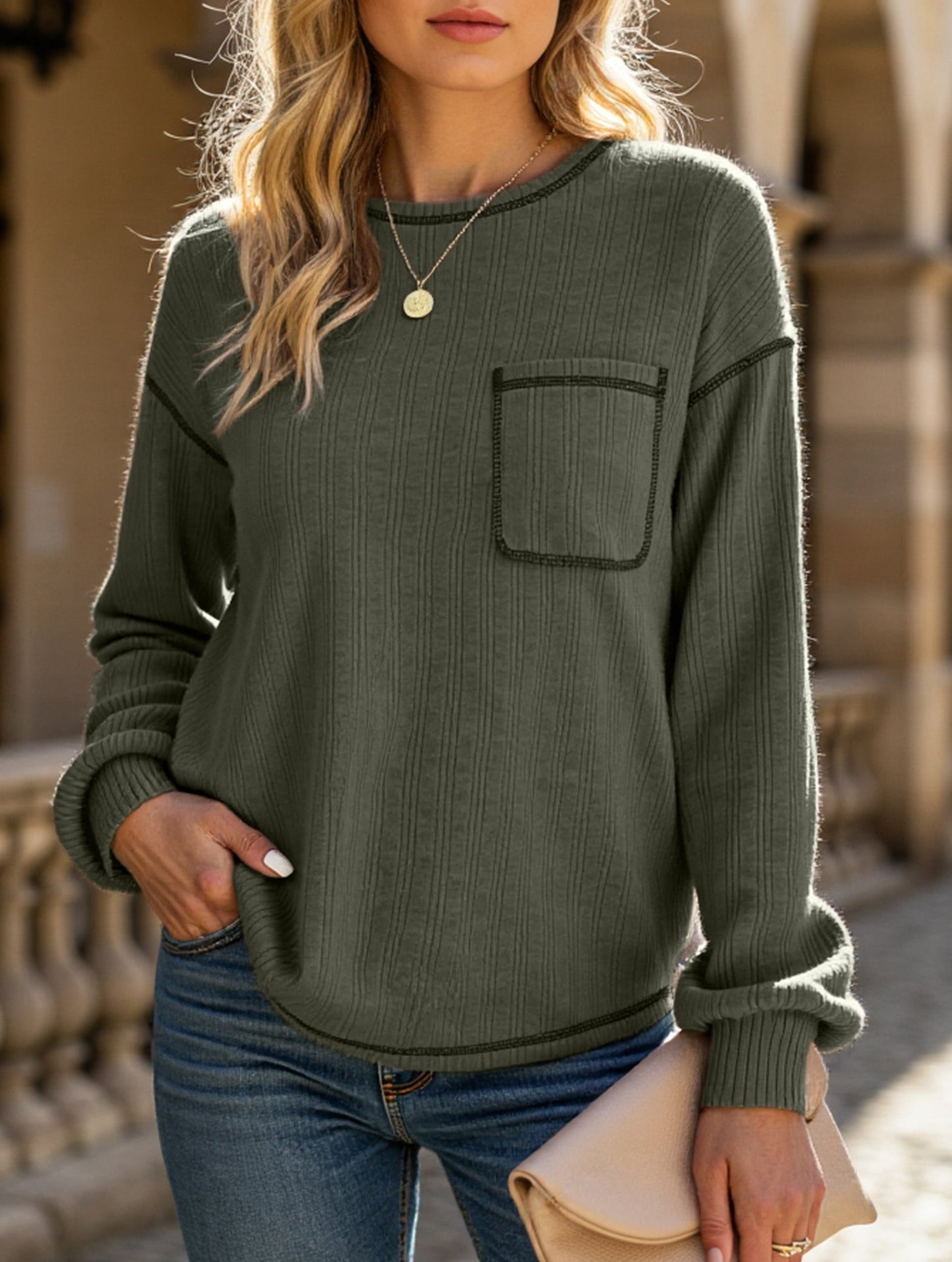 Pitted Strip Brushed Crewneck Pocket Casual Shirt