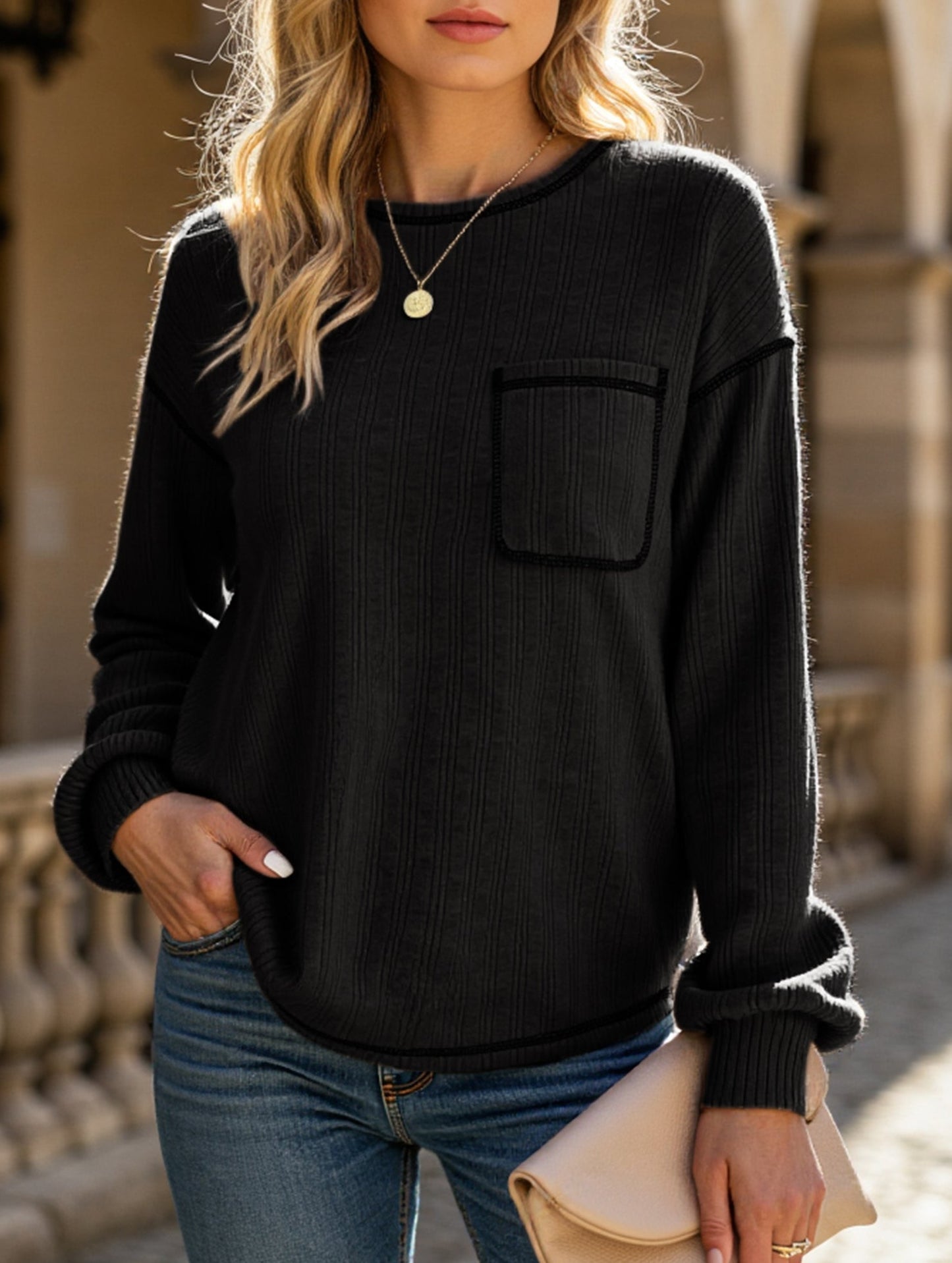 Pitted Strip Brushed Crewneck Pocket Casual Shirt