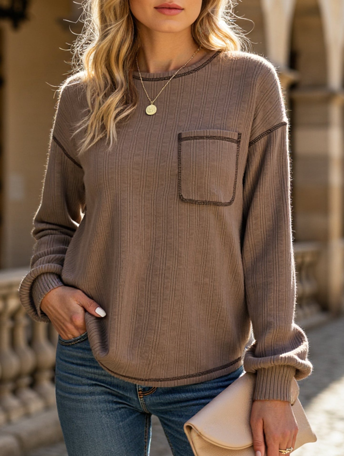 Pitted Strip Brushed Crewneck Pocket Casual Shirt