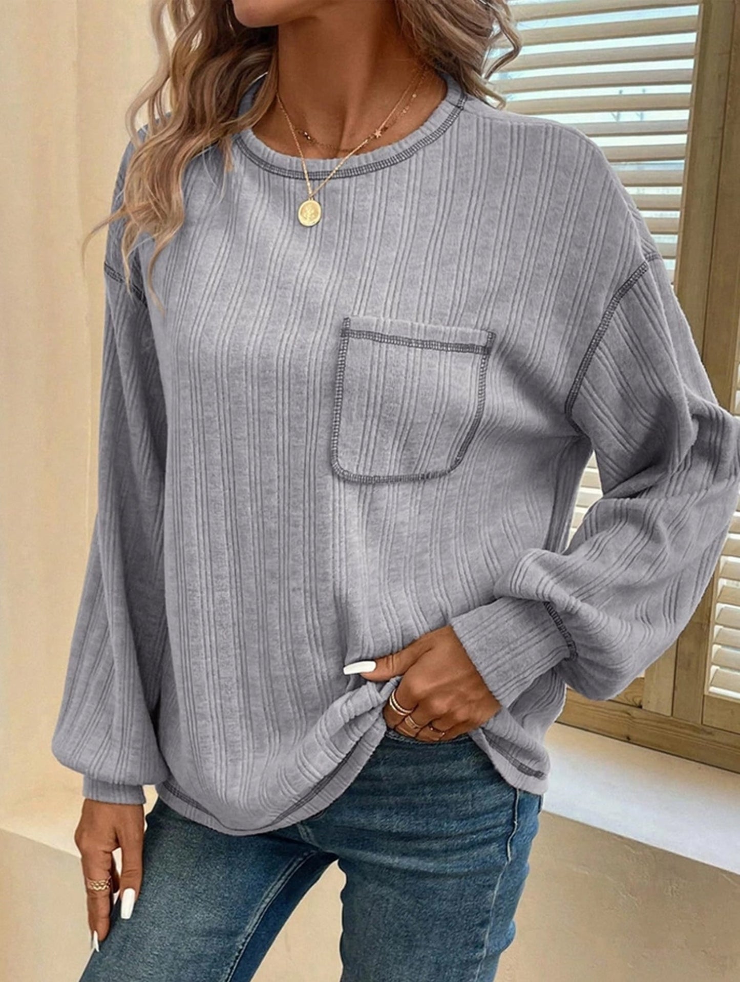 Pitted Strip Brushed Crewneck Pocket Casual Shirt