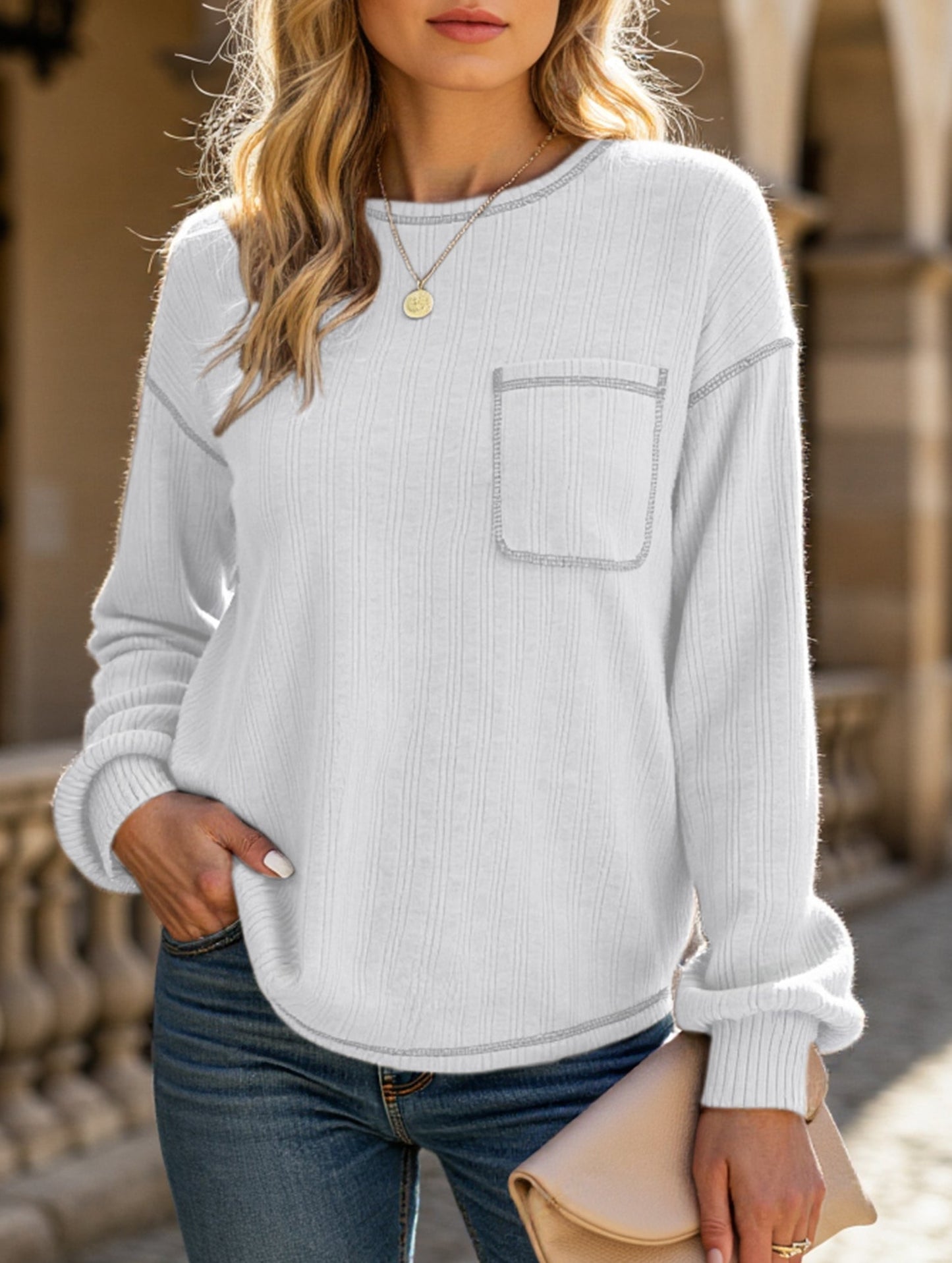 Pitted Strip Brushed Crewneck Pocket Casual Shirt