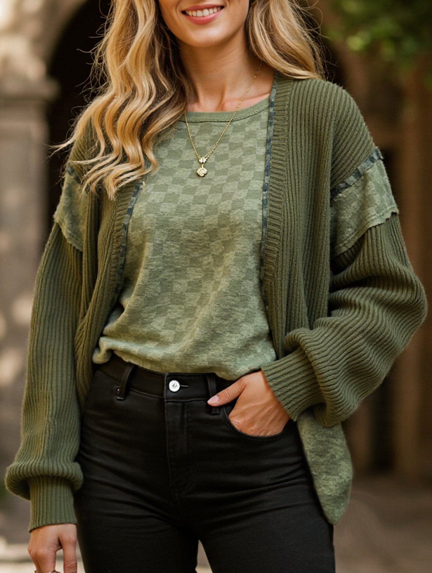 Drop Shoulder Checkered Waffle Pullover