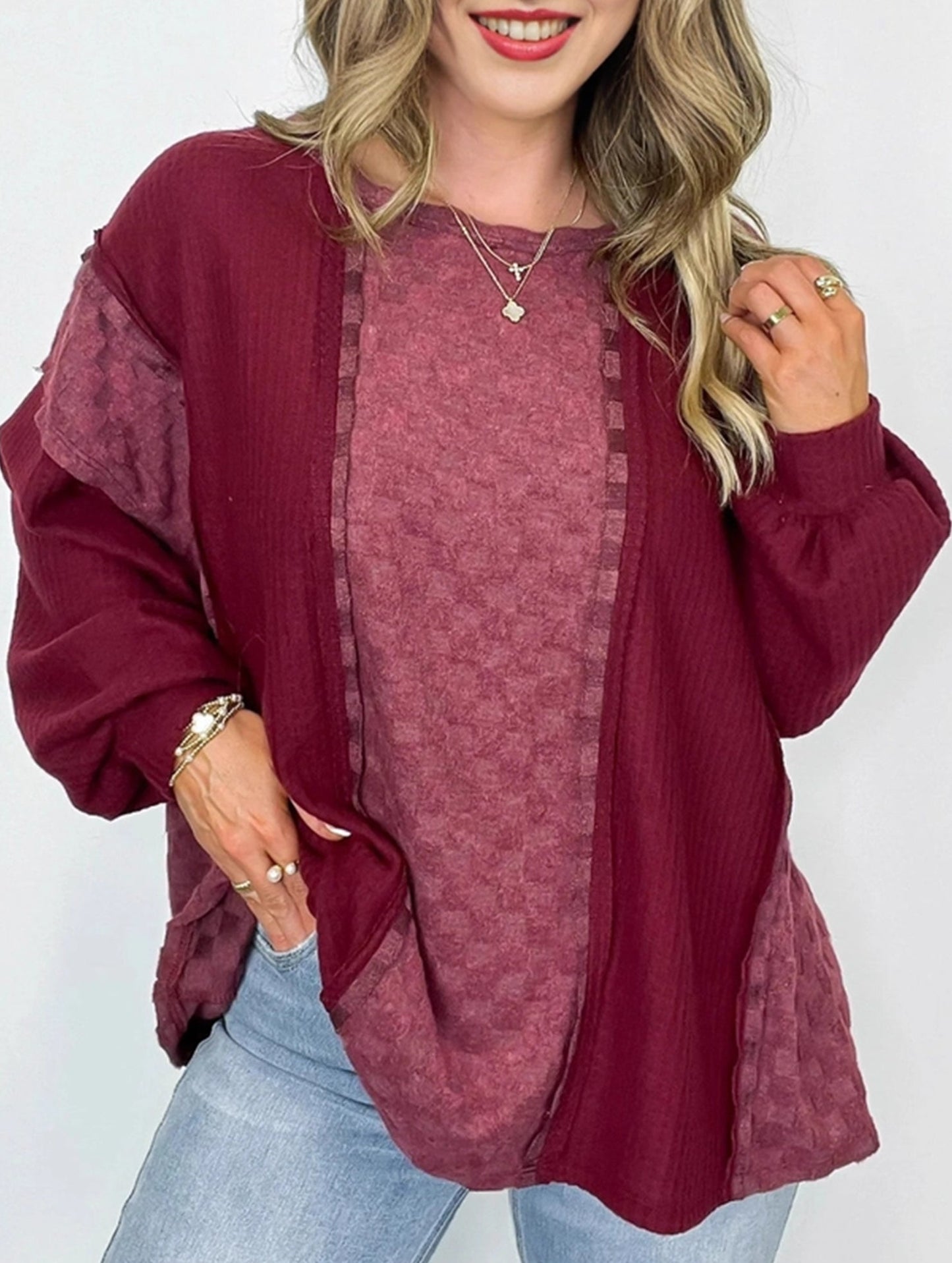 Drop Shoulder Checkered Waffle Pullover