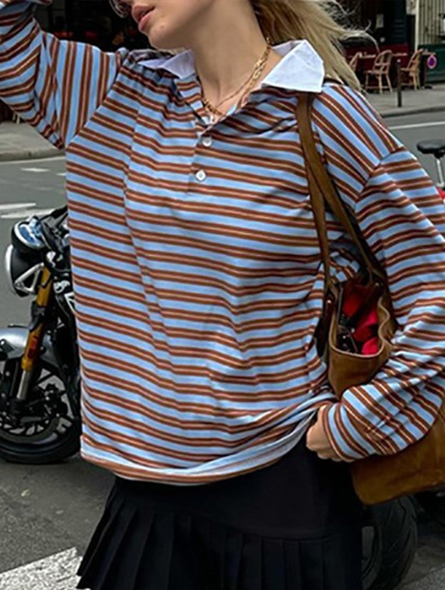 Preppy vintage contrast striped long sleeve T-shirt