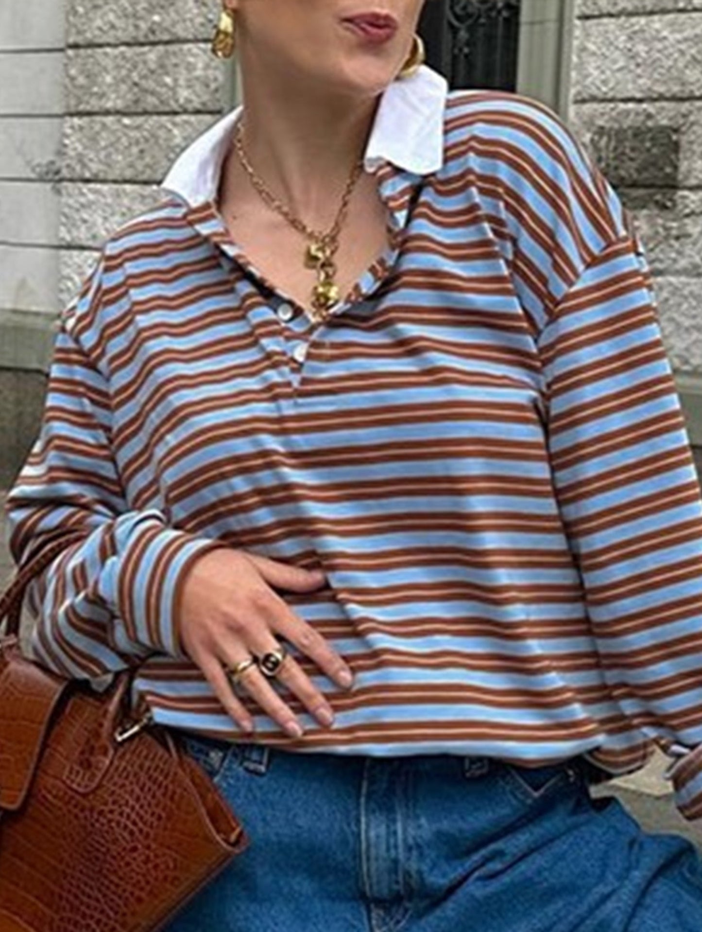 Preppy vintage contrast striped long sleeve T-shirt
