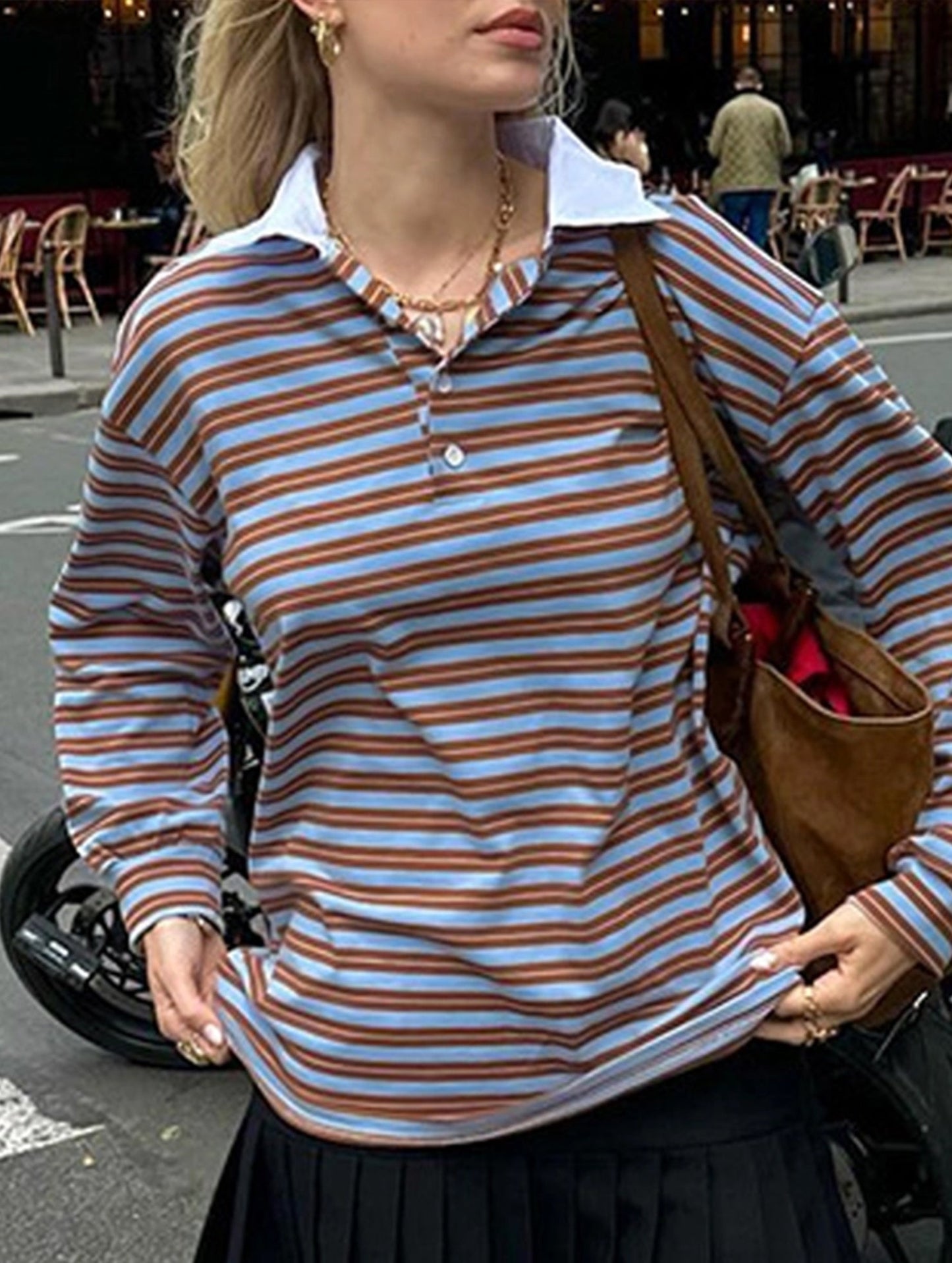 Preppy vintage contrast striped long sleeve T-shirt