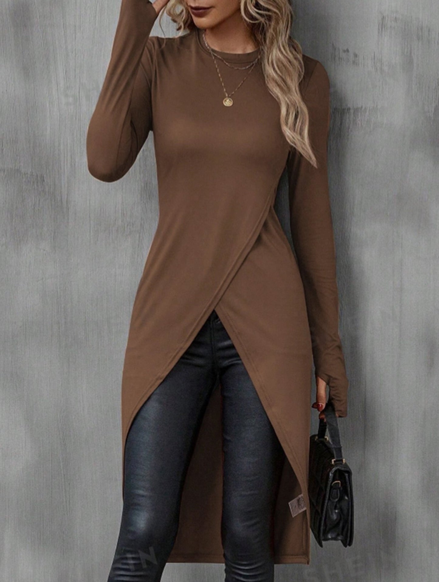 Casual Solid Asymmetric Hem Long Sleeve T-Shirt