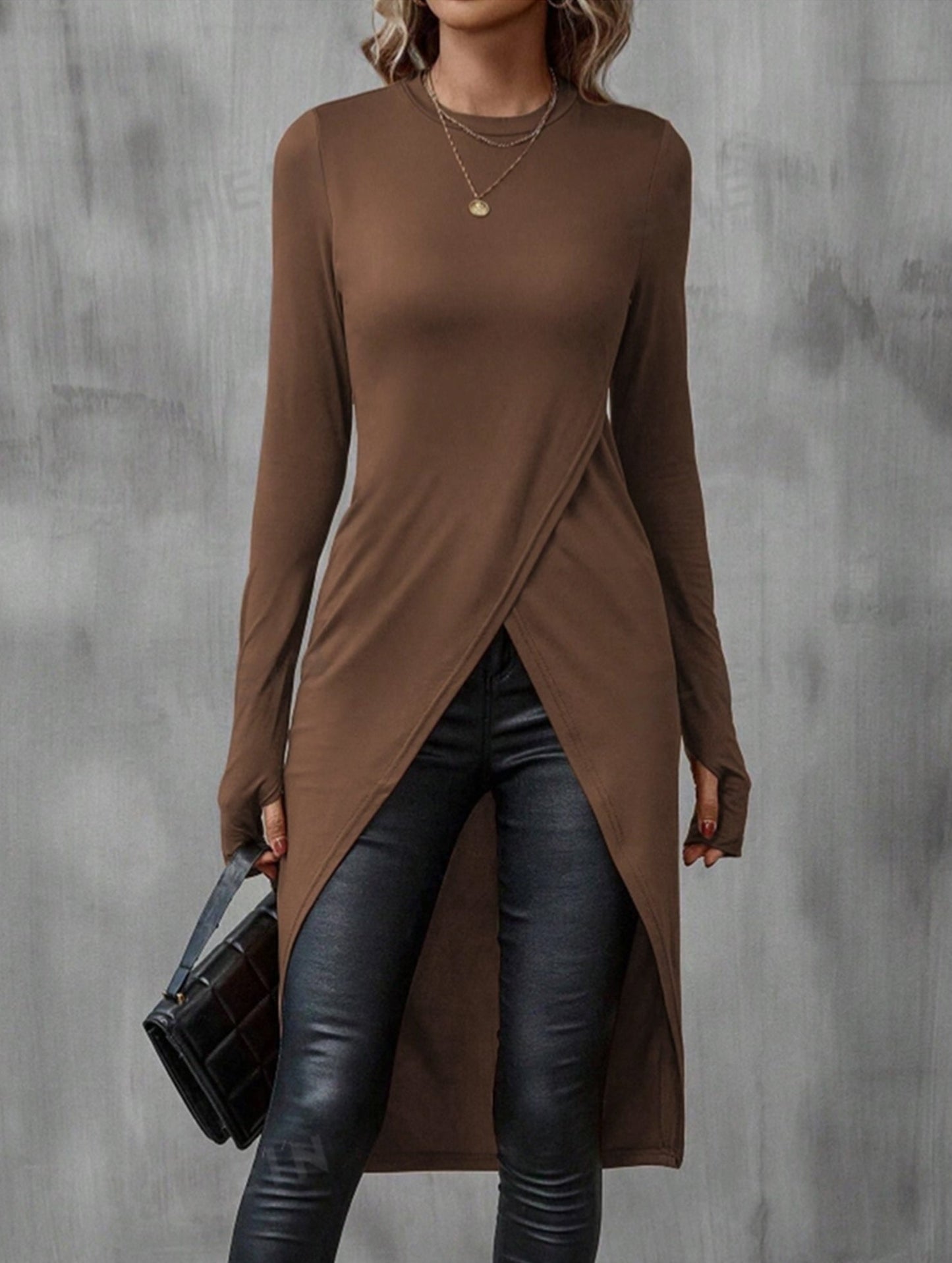Casual Solid Asymmetric Hem Long Sleeve T-Shirt
