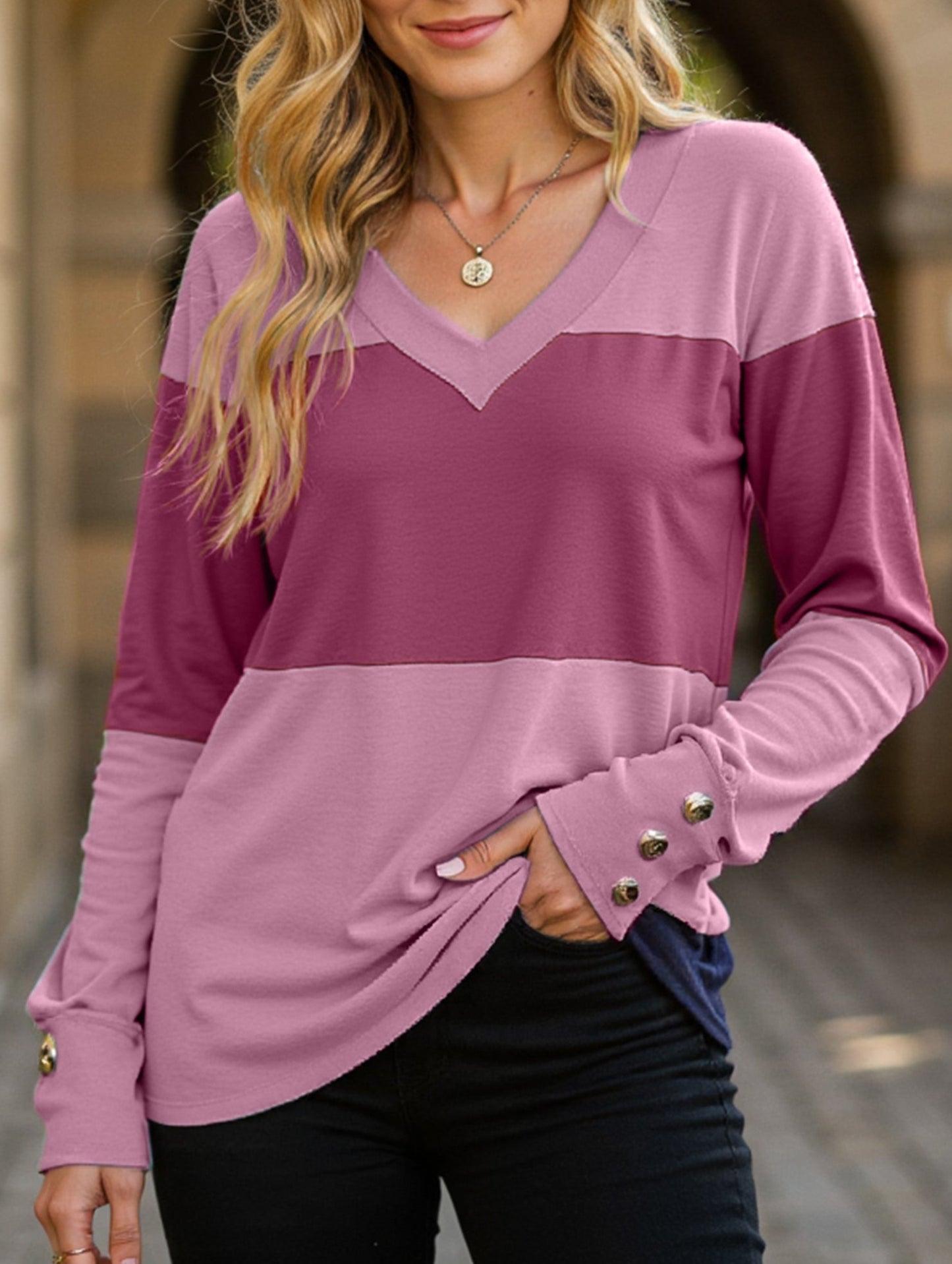 V-neck casual colorblock long-sleeved T-shirt