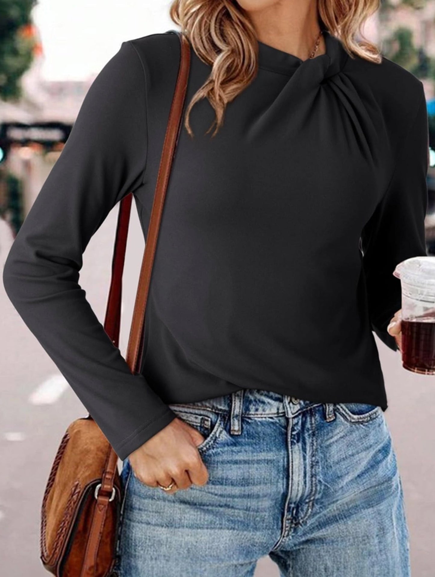 Solid base layer brushed twisted-neck long-sleeved T-shirt