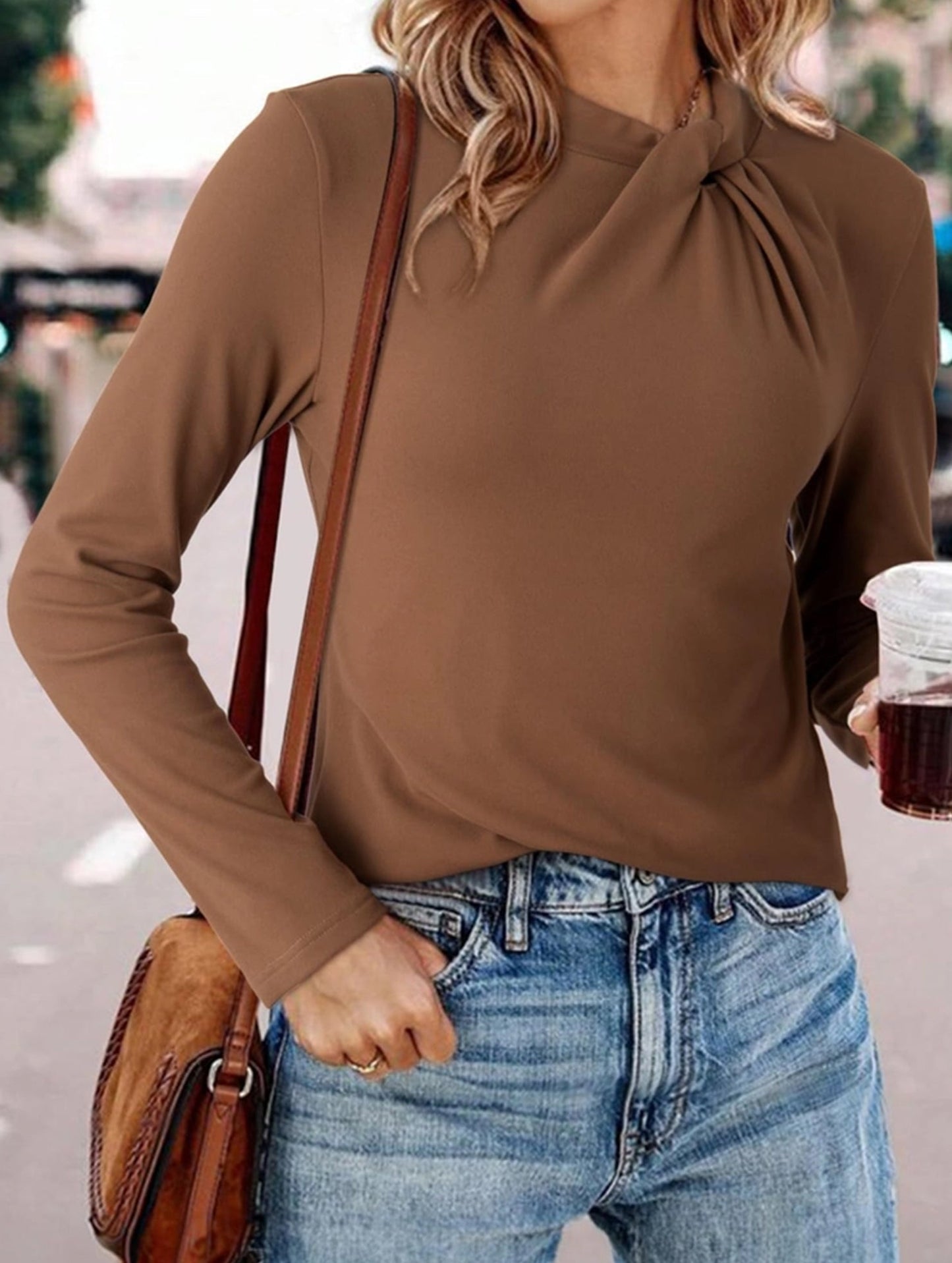 Solid base layer brushed twisted-neck long-sleeved T-shirt