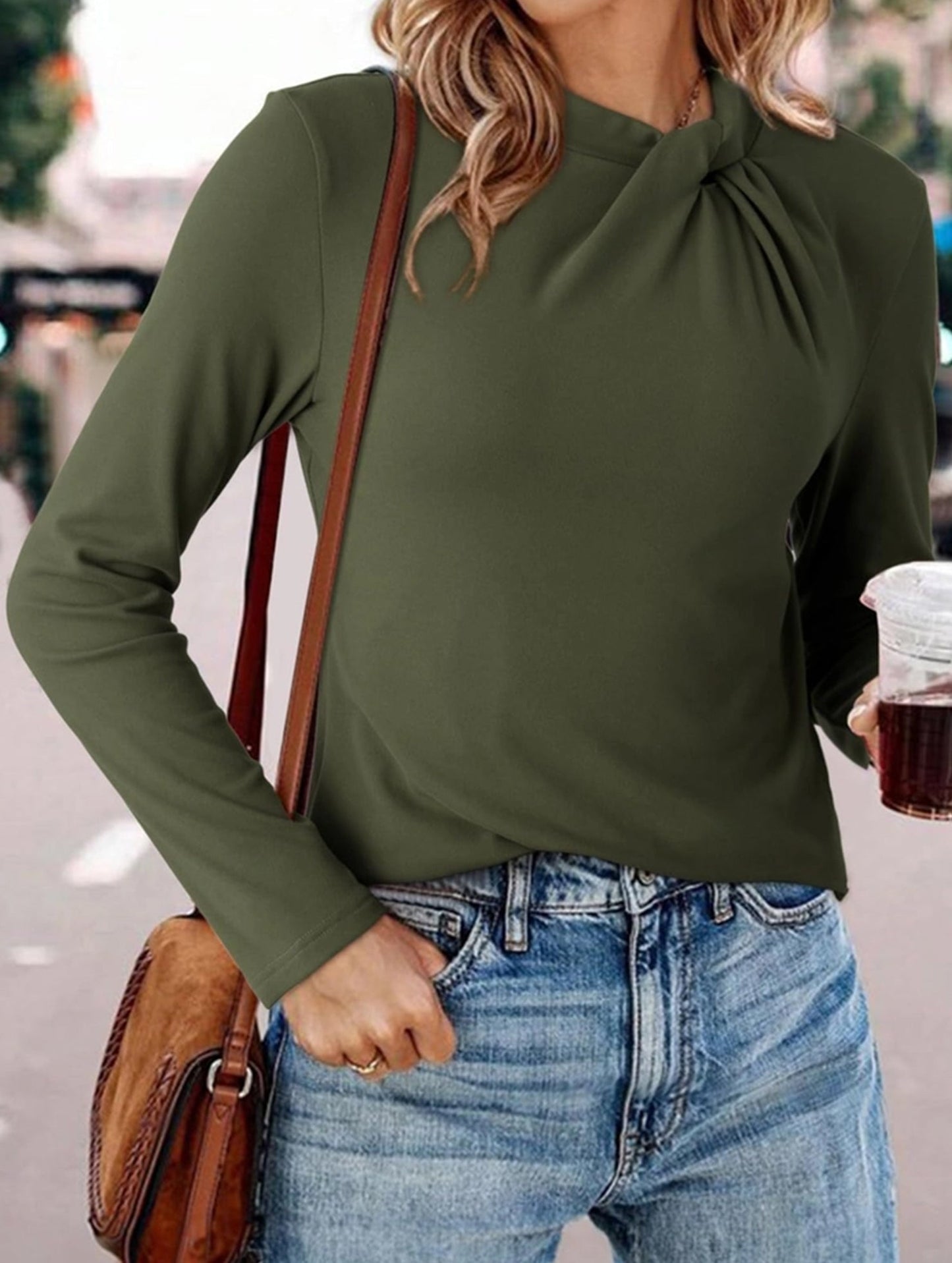 Solid base layer brushed twisted-neck long-sleeved T-shirt