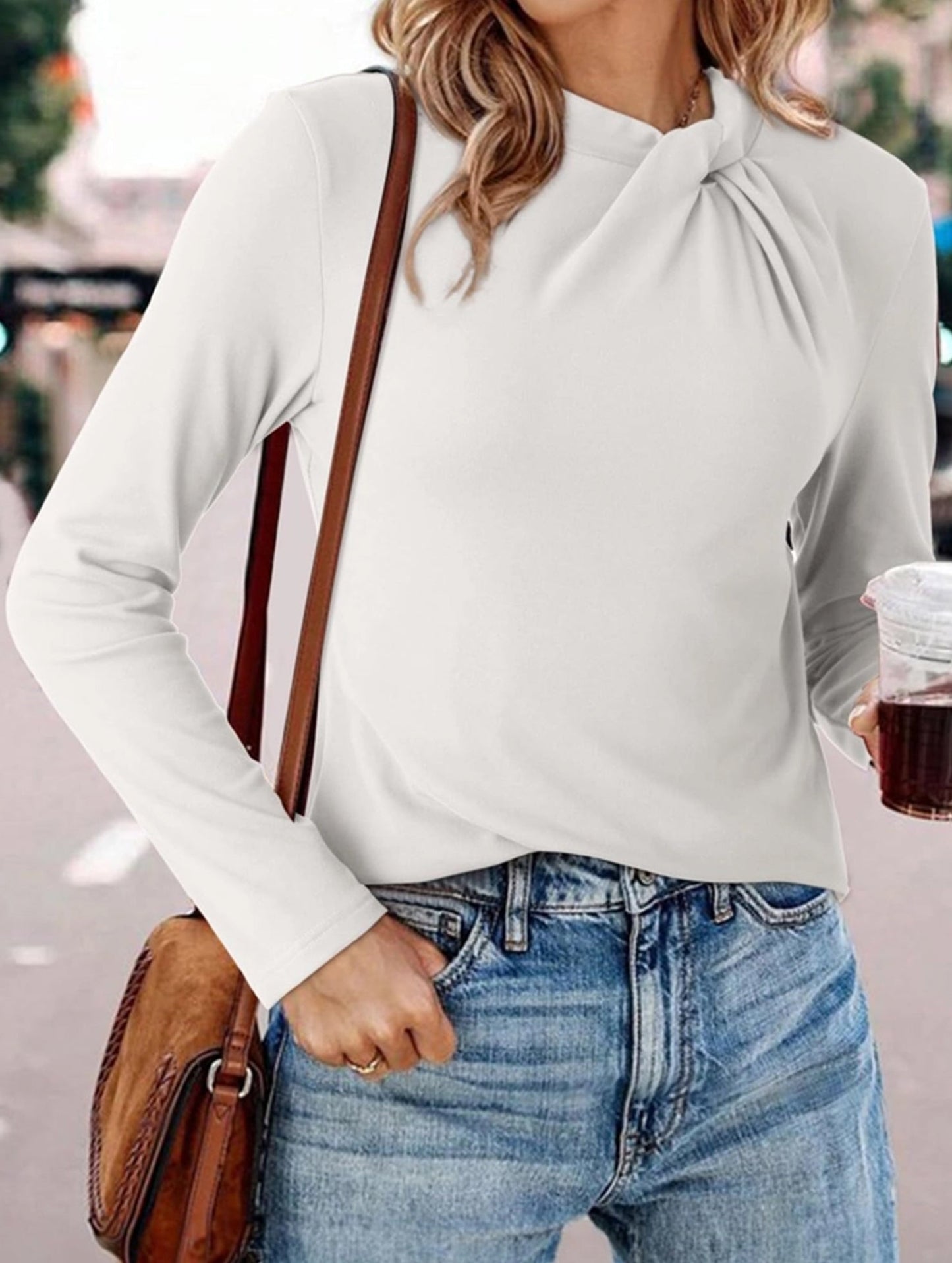 Solid base layer brushed twisted-neck long-sleeved T-shirt