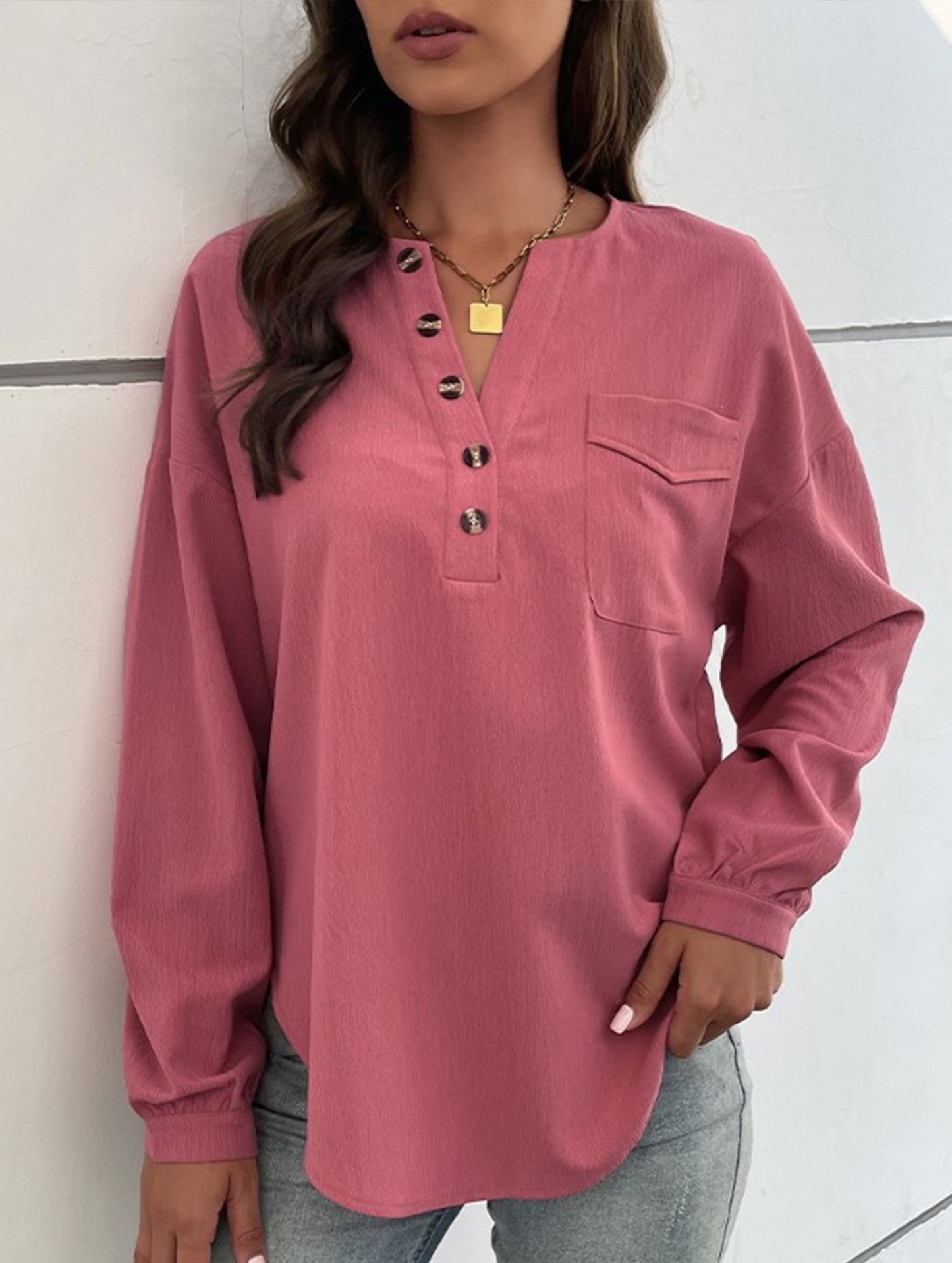 Crewneck Button-Pocket Casual Long-Sleeved Shirt