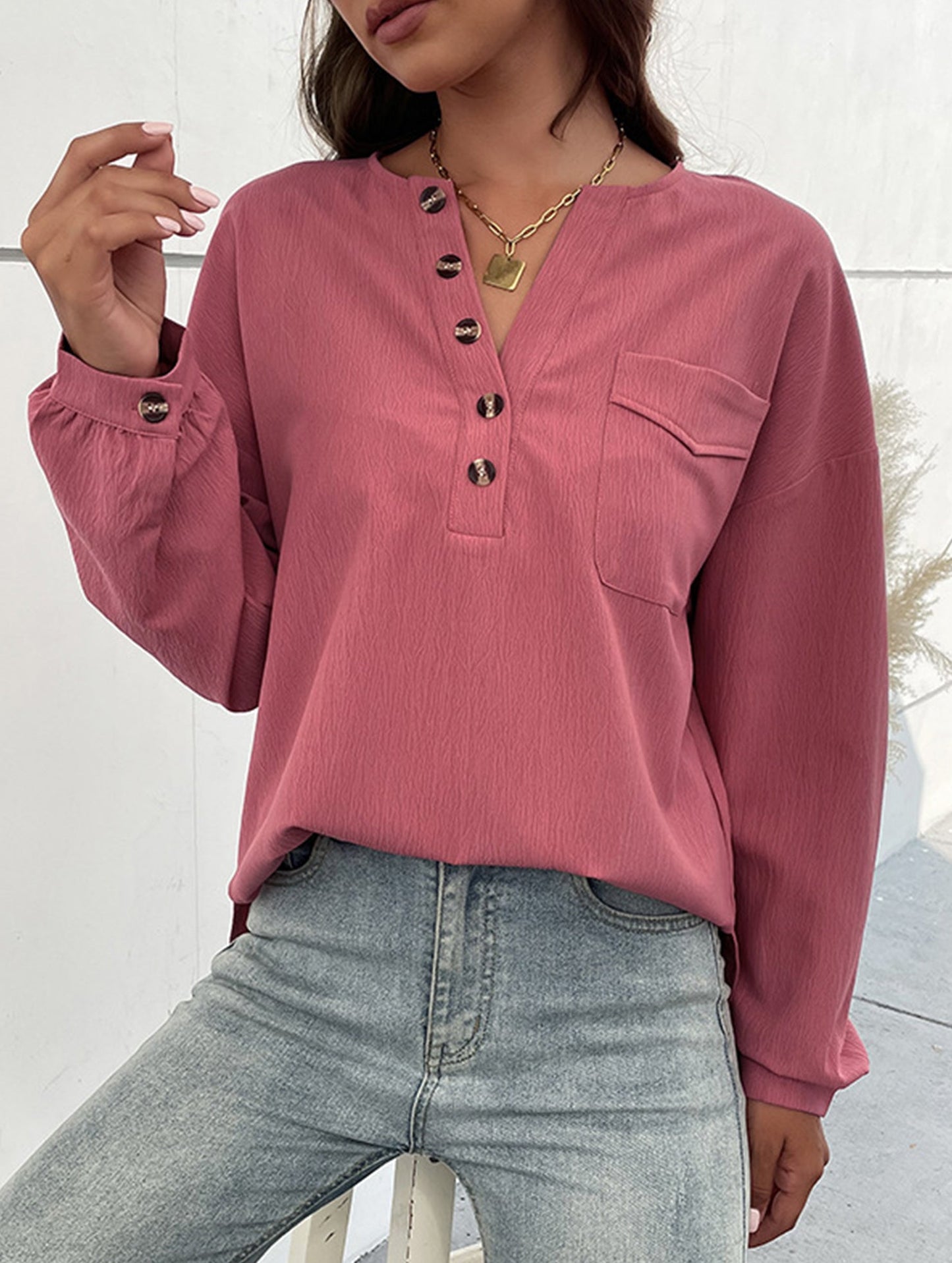 Crewneck Button-Pocket Casual Long-Sleeved Shirt