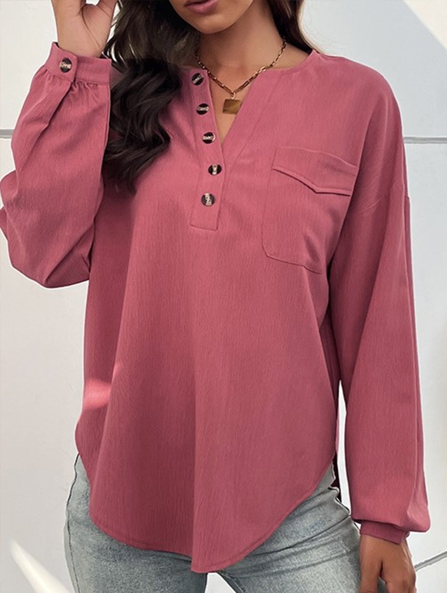 Crewneck Button-Pocket Casual Long-Sleeved Shirt
